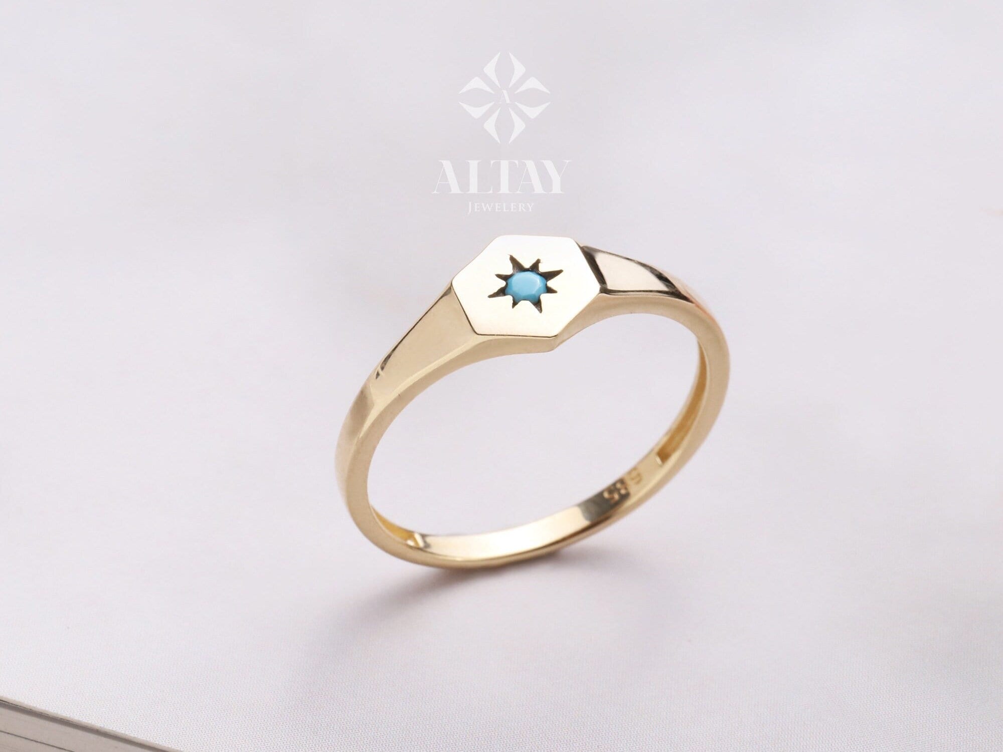 14K Gold Turquoise Stone Ring, Polar Star Band, North Star Turquoise Ring, Astrology Starburst Ring, Luck Star, Celestial Pinky Ring