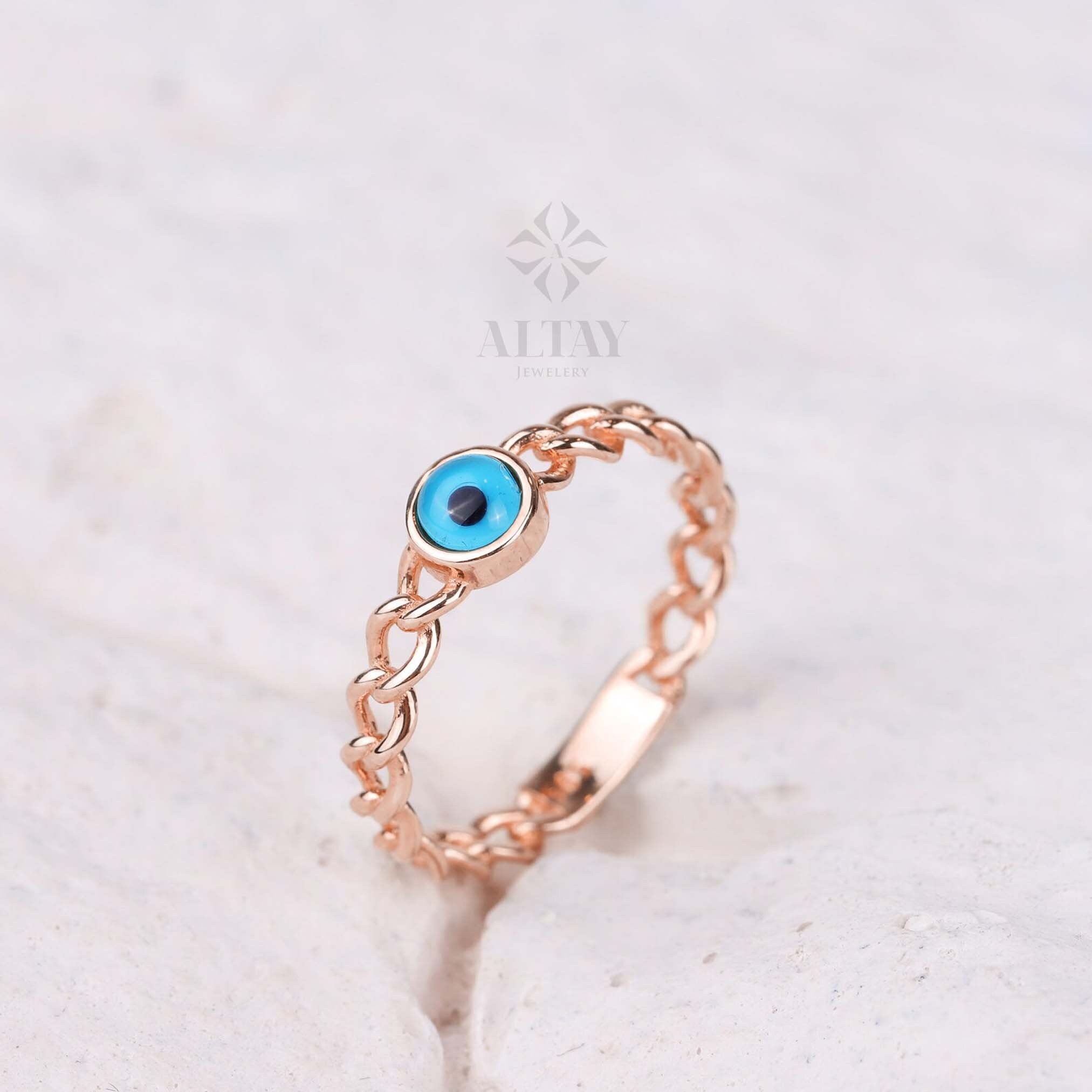 14K Gold Evil Eye Ring, Curb Chain Pinky Ring, Third Eye Ring, Turquoise Protection Ring, Good Luck Band, Round Solitaire Engagement Ring