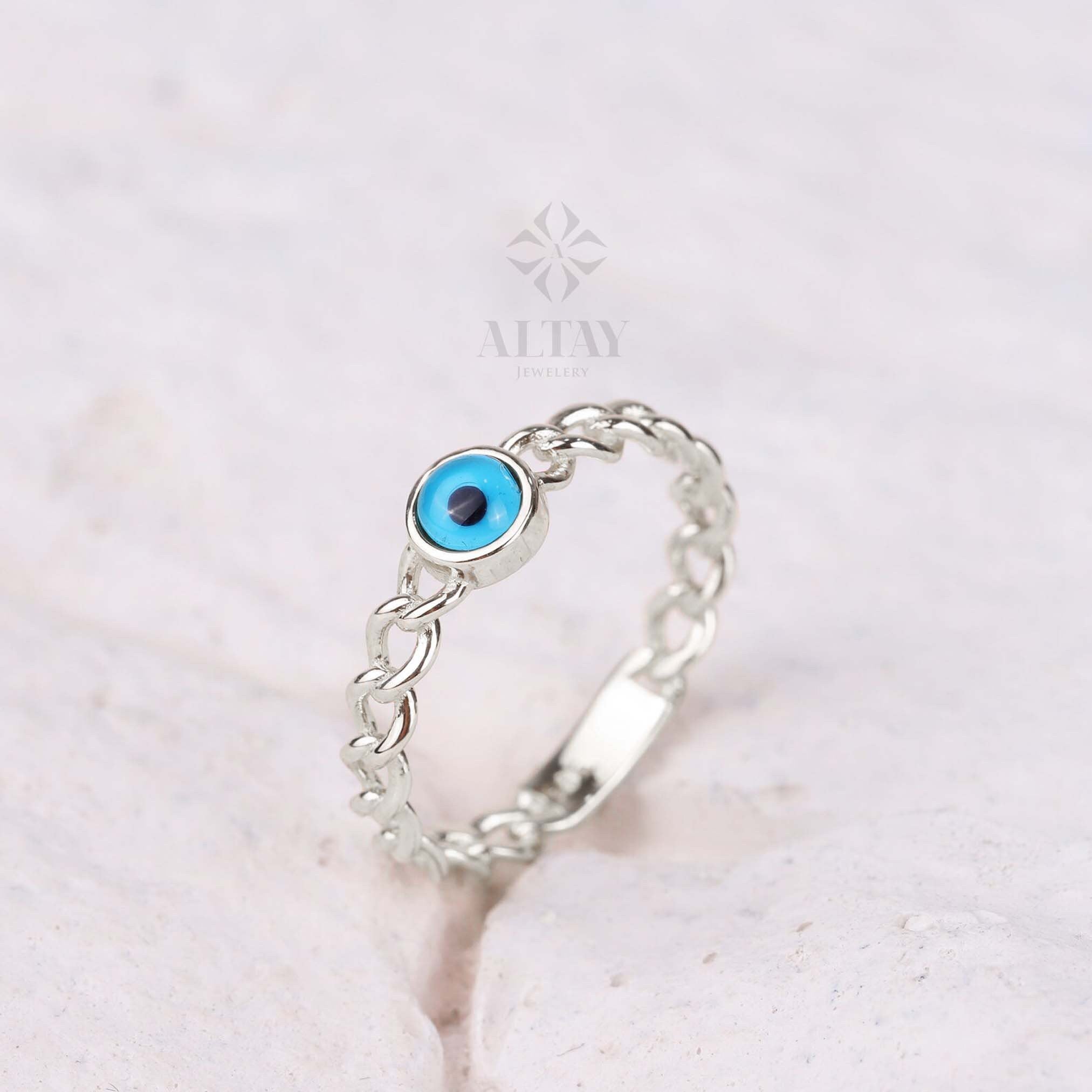 14K Gold Evil Eye Ring, Curb Chain Pinky Ring, Third Eye Ring, Turquoise Protection Ring, Good Luck Band, Round Solitaire Engagement Ring