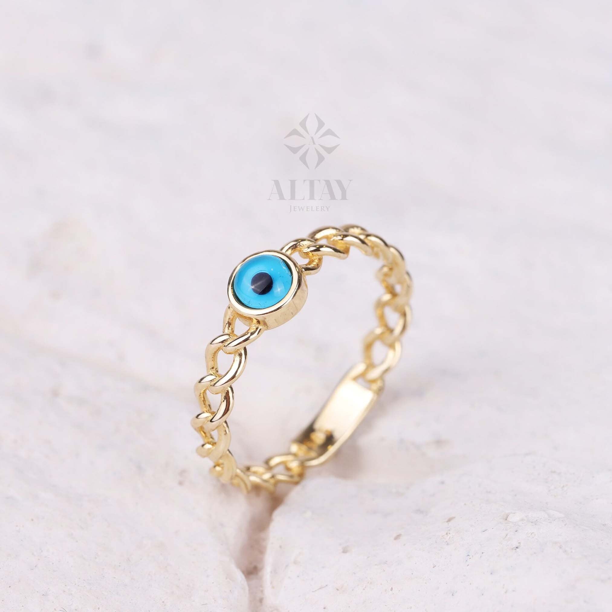 14K Gold Evil Eye Ring, Curb Chain Pinky Ring, Third Eye Ring, Turquoise Protection Ring, Good Luck Band, Round Solitaire Engagement Ring