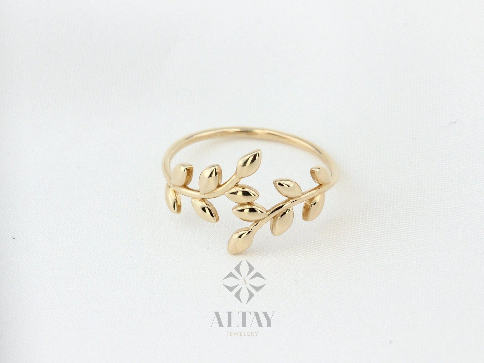 14K Gold Leaf Ring, Olive Leaf Ring, Botanical Wedding Ring, Dainty Floral Ring, Unique Stacking Nature Ring, Eternity Vine Band Branch Ring