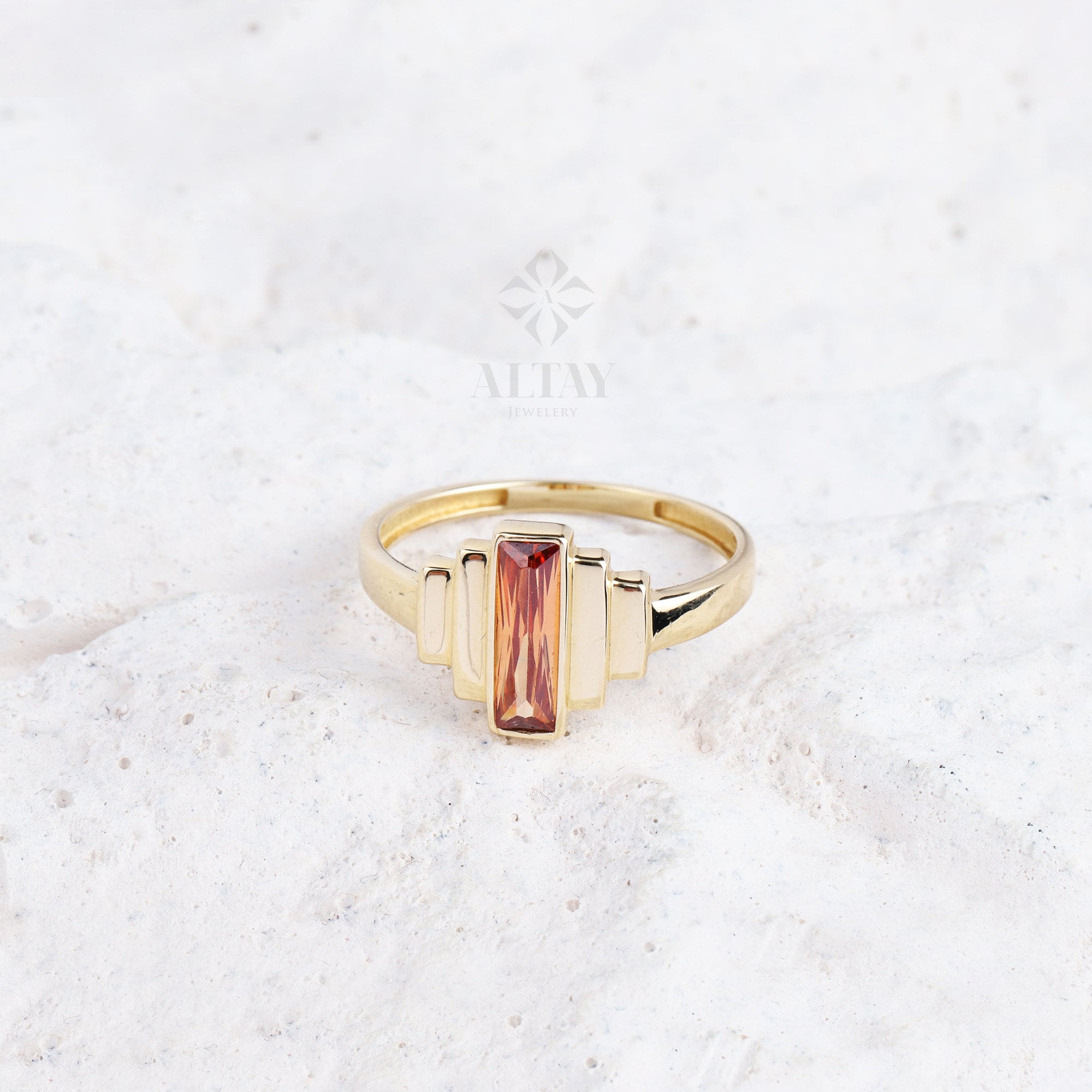 14K Gold Citrine Baguette Ring, Engagement Band Ring, Natural Gemstone, November Birthstone, Anniversary Ring, Stacking Gold Ring