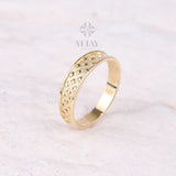 14K Gold Textured Band Ring, Square Pattern Wedding Ring