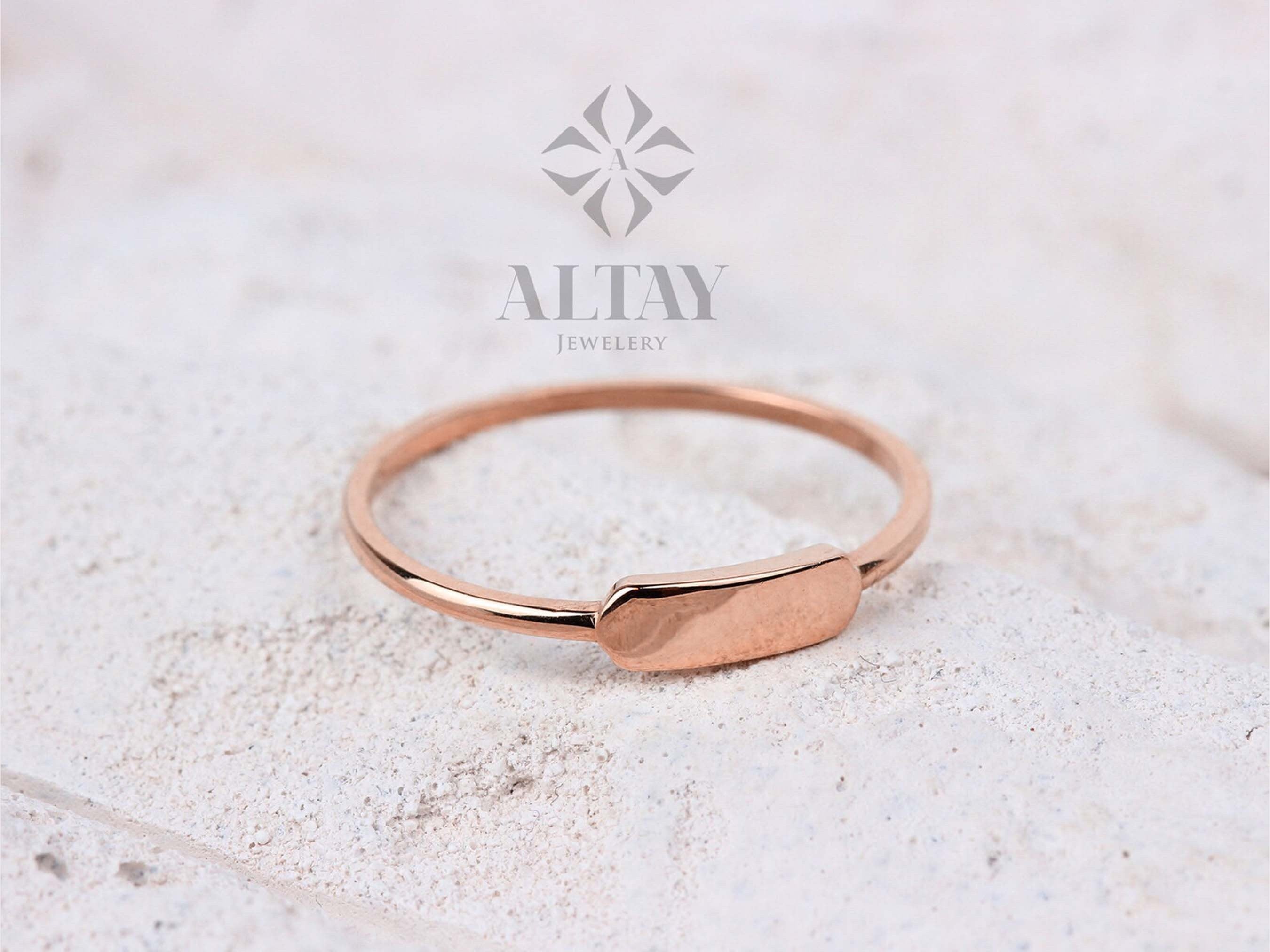 14K Gold Engraved Name Ring, Custom Signet Ring, Flat Bar Letter Band Ring, Monogram Pinky Ring, Personalized Initial Baby Name Ring