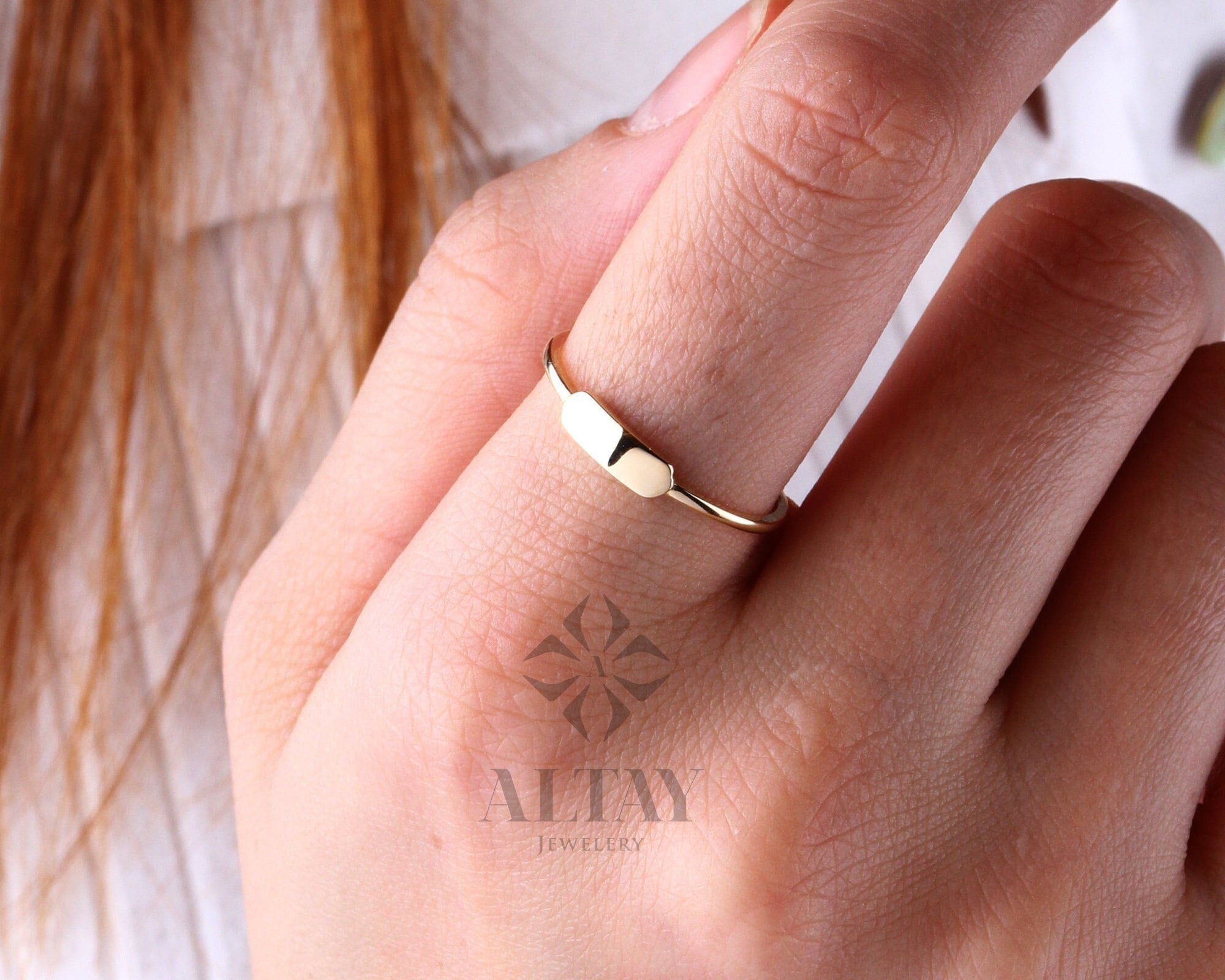 14K Gold Engraved Name Ring, Custom Signet Ring, Flat Bar Letter Band Ring, Monogram Pinky Ring, Personalized Initial Baby Name Ring