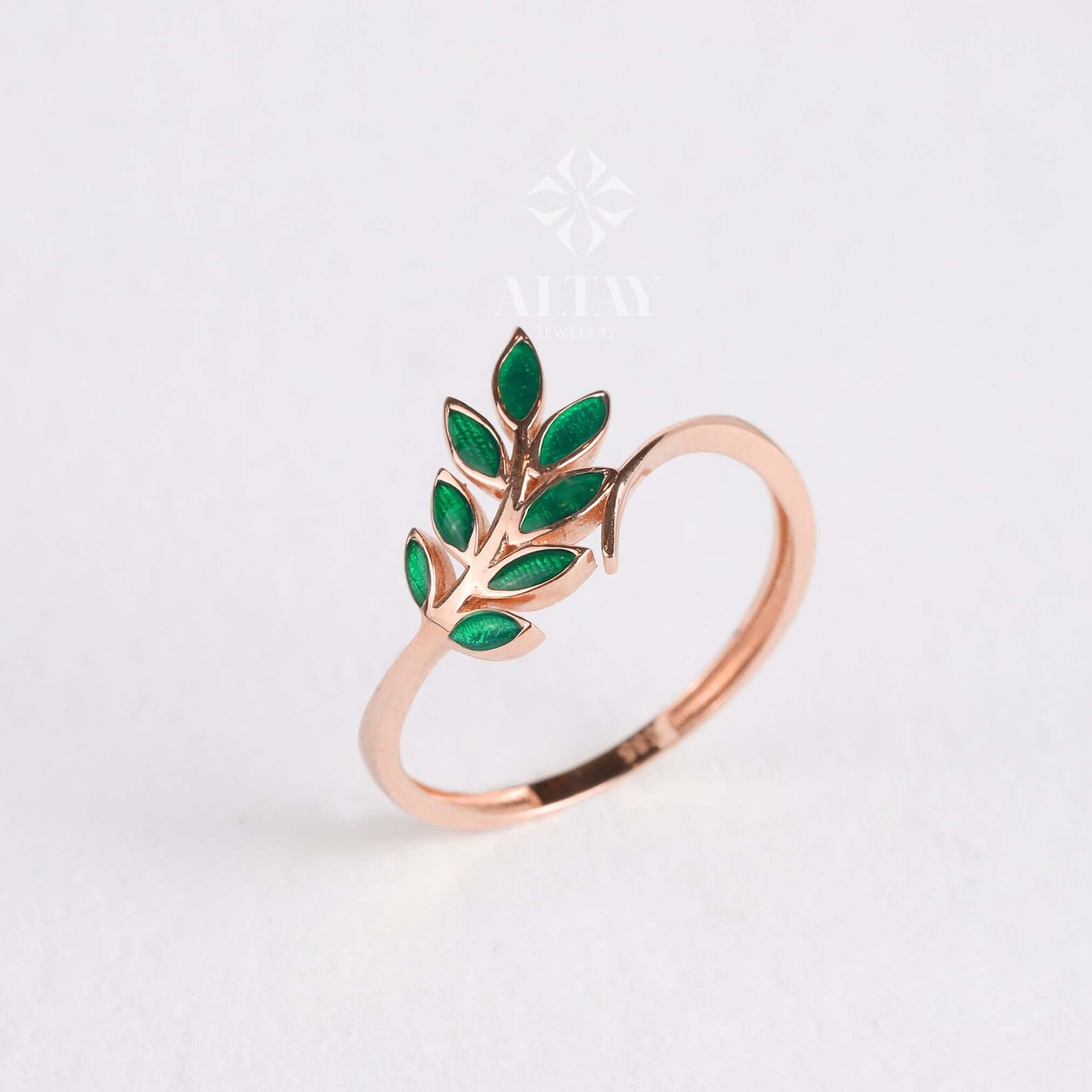 14K Gold Green Leaf Ring. Olive Leaf Ring, Vine Wedding Band, Leaf Branch Ring, Gold Leaf Stacking Twig Ring, Laurel Floral Nature Band