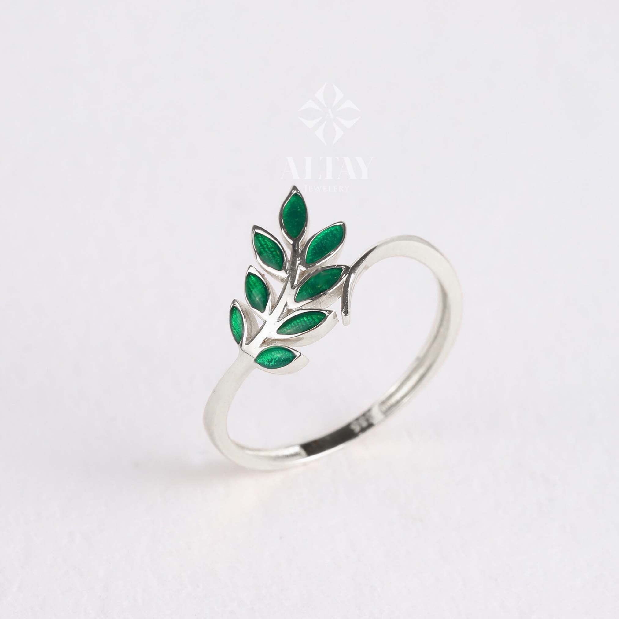 14K Gold Green Leaf Ring. Olive Leaf Ring, Vine Wedding Band, Leaf Branch Ring, Gold Leaf Stacking Twig Ring, Laurel Floral Nature Band