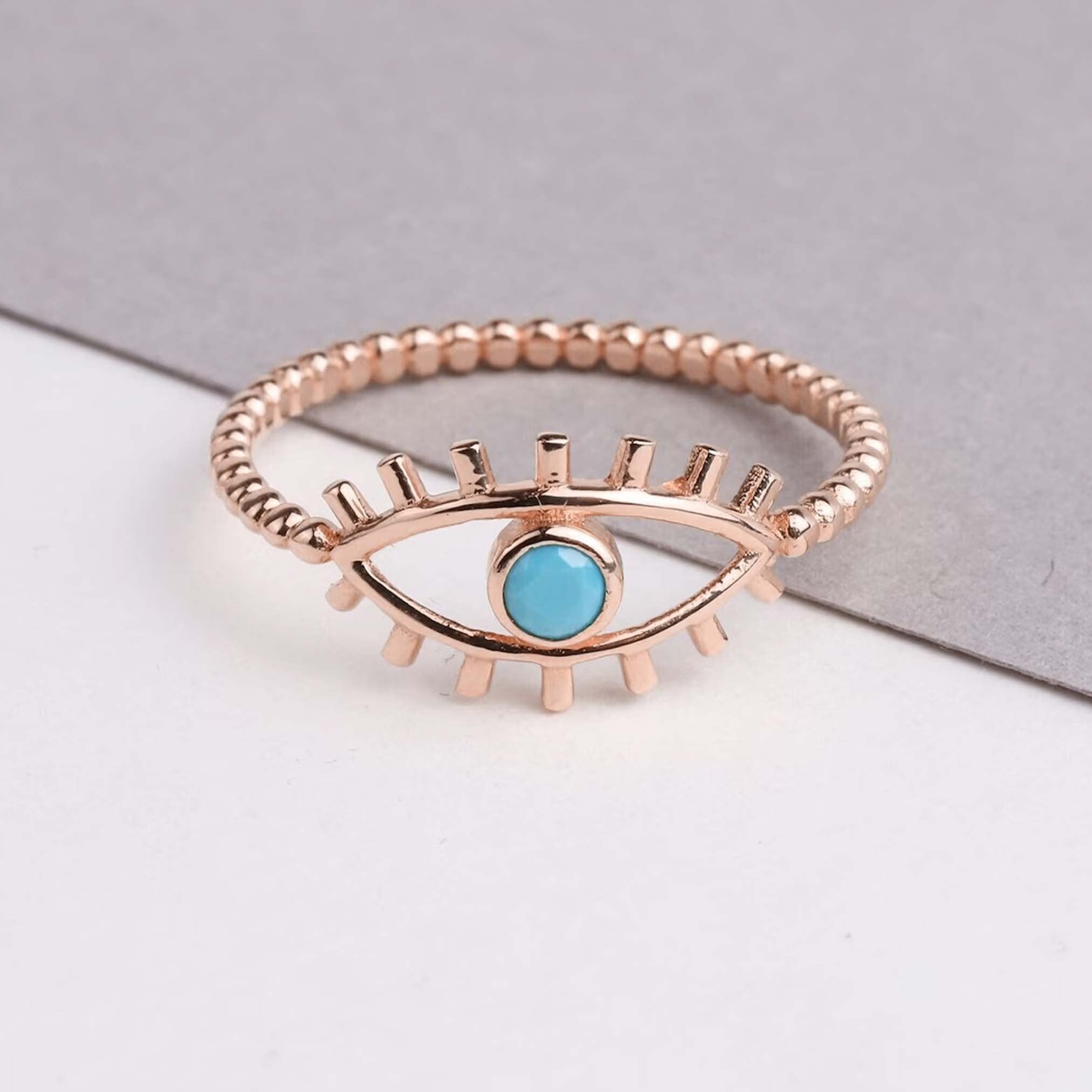 14K Gold Eye Ring, Turquoise Stone Ring, Unique Design Gold Ring, Dainty Protection Ring, Good Luck Ring, Tiny Evil Eye Gold Band Ring