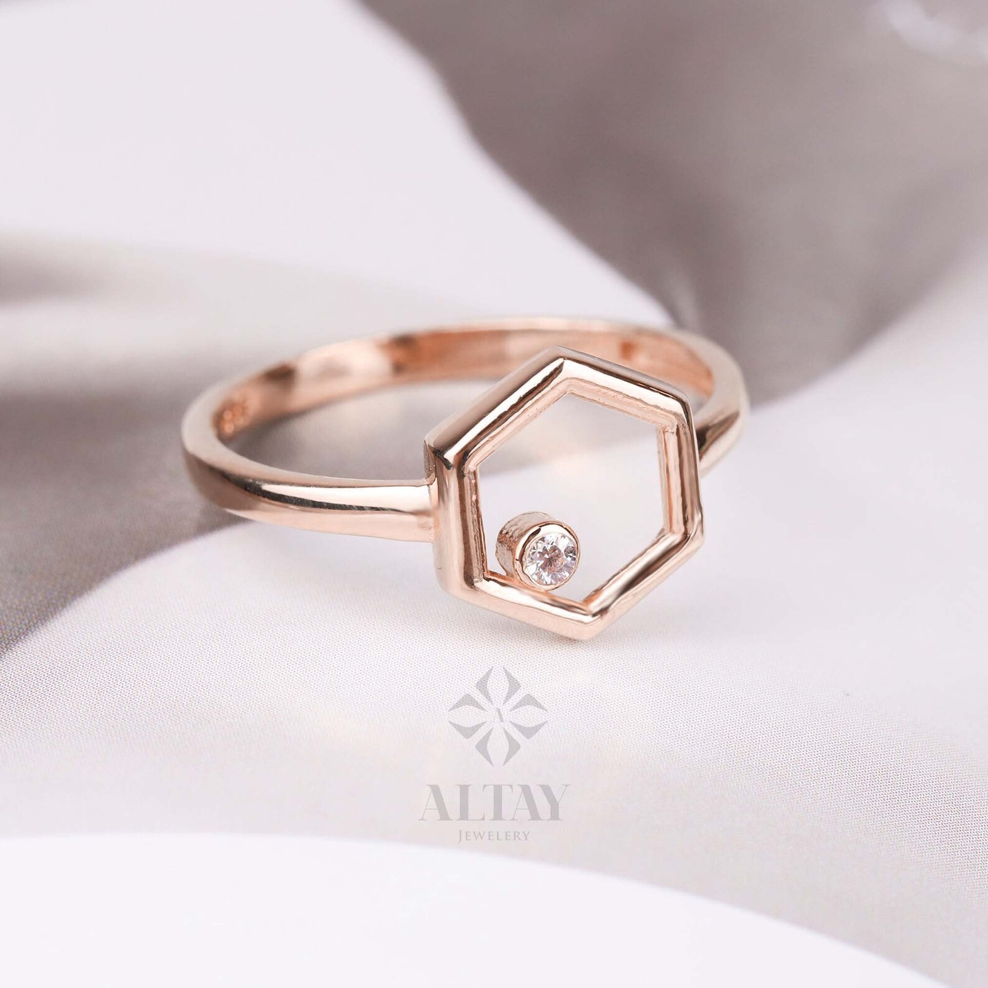 14K Gold Hexagon Ring, Birthstone Ring, Personalized Solitaire Ring, Custom Stacking Band, Dainty Wedding Ring, Engravable Geometric Ring