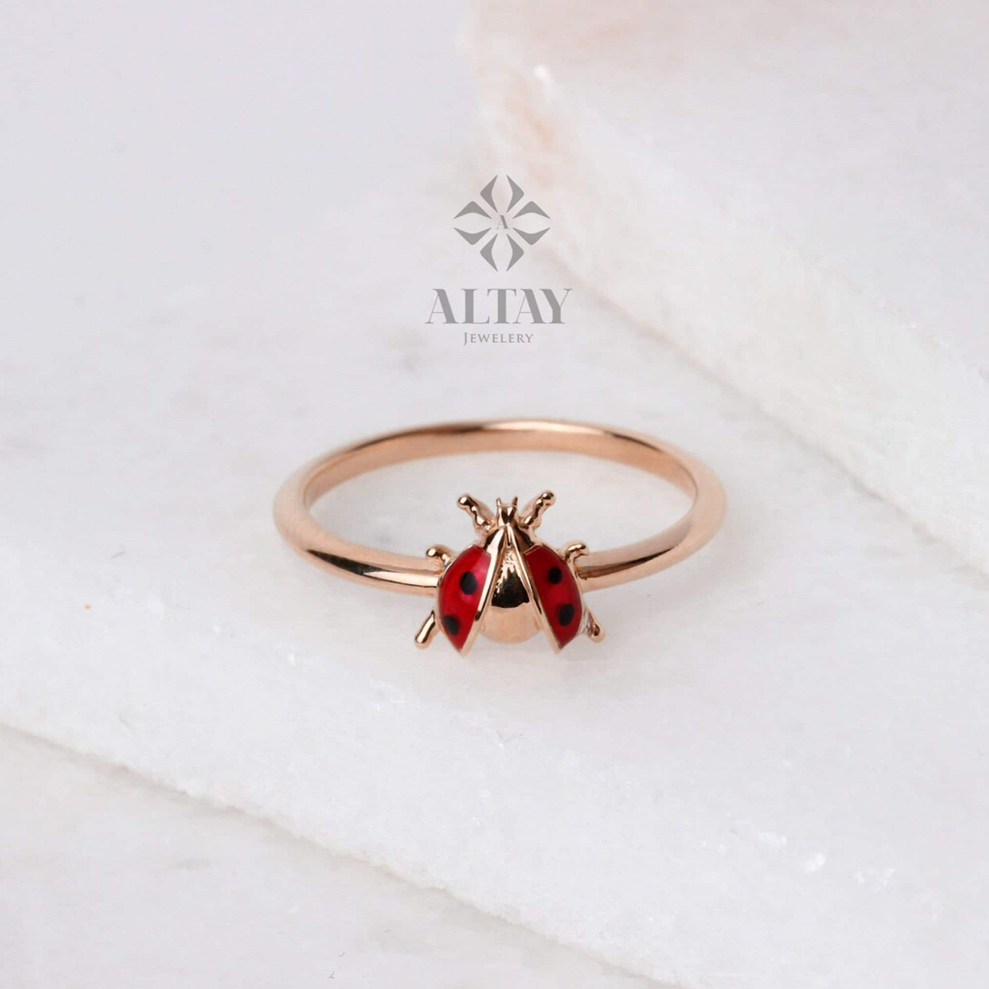 14K Gold Ladybug Ring, Ladybird Colorful Ring, Unique Animal Ring, Cute Tiny Pinky Ring, Handmade Jewelry, Good Luck Statement Ring