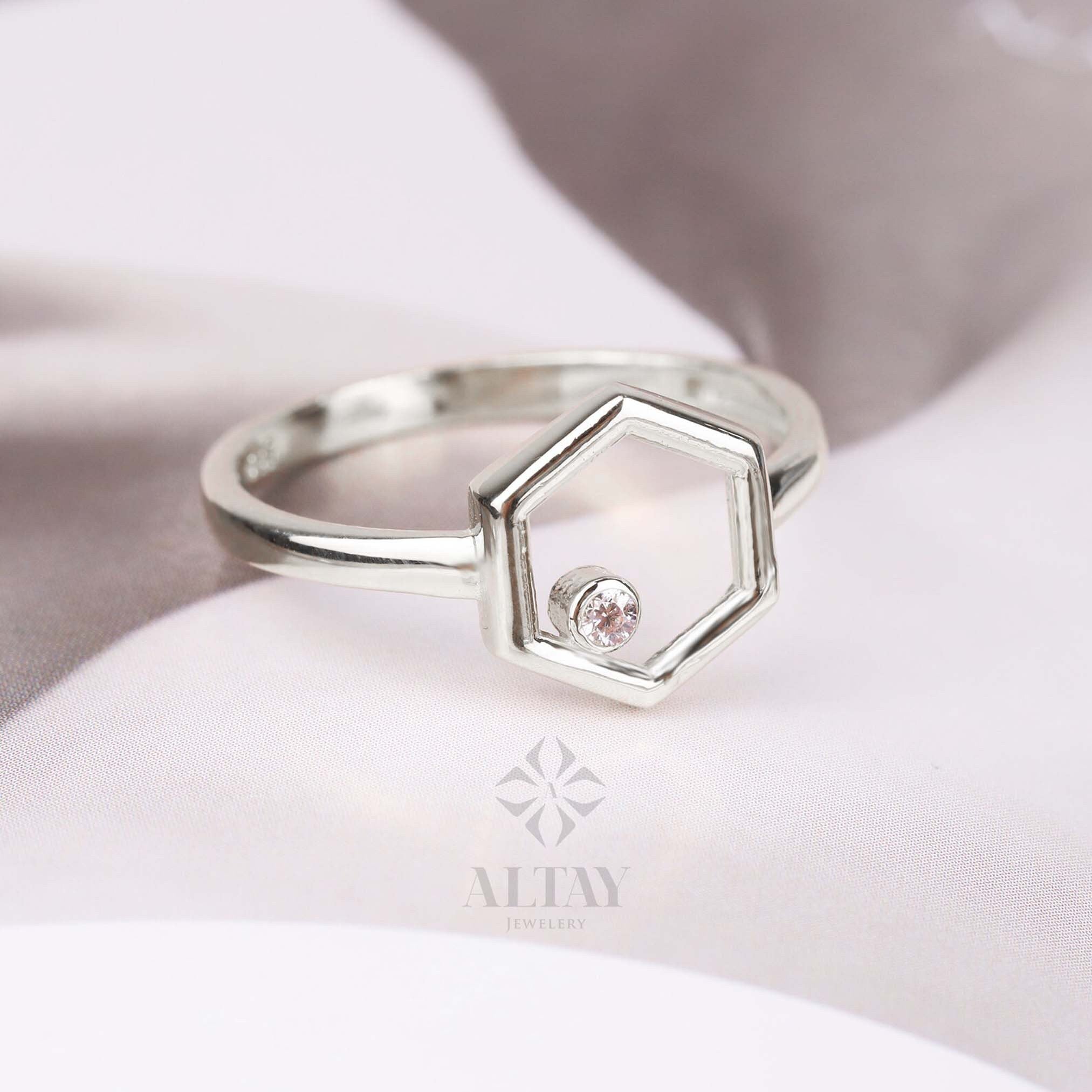 14K Gold Hexagon Ring, Birthstone Ring, Personalized Solitaire Ring, Custom Stacking Band, Dainty Wedding Ring, Engravable Geometric Ring