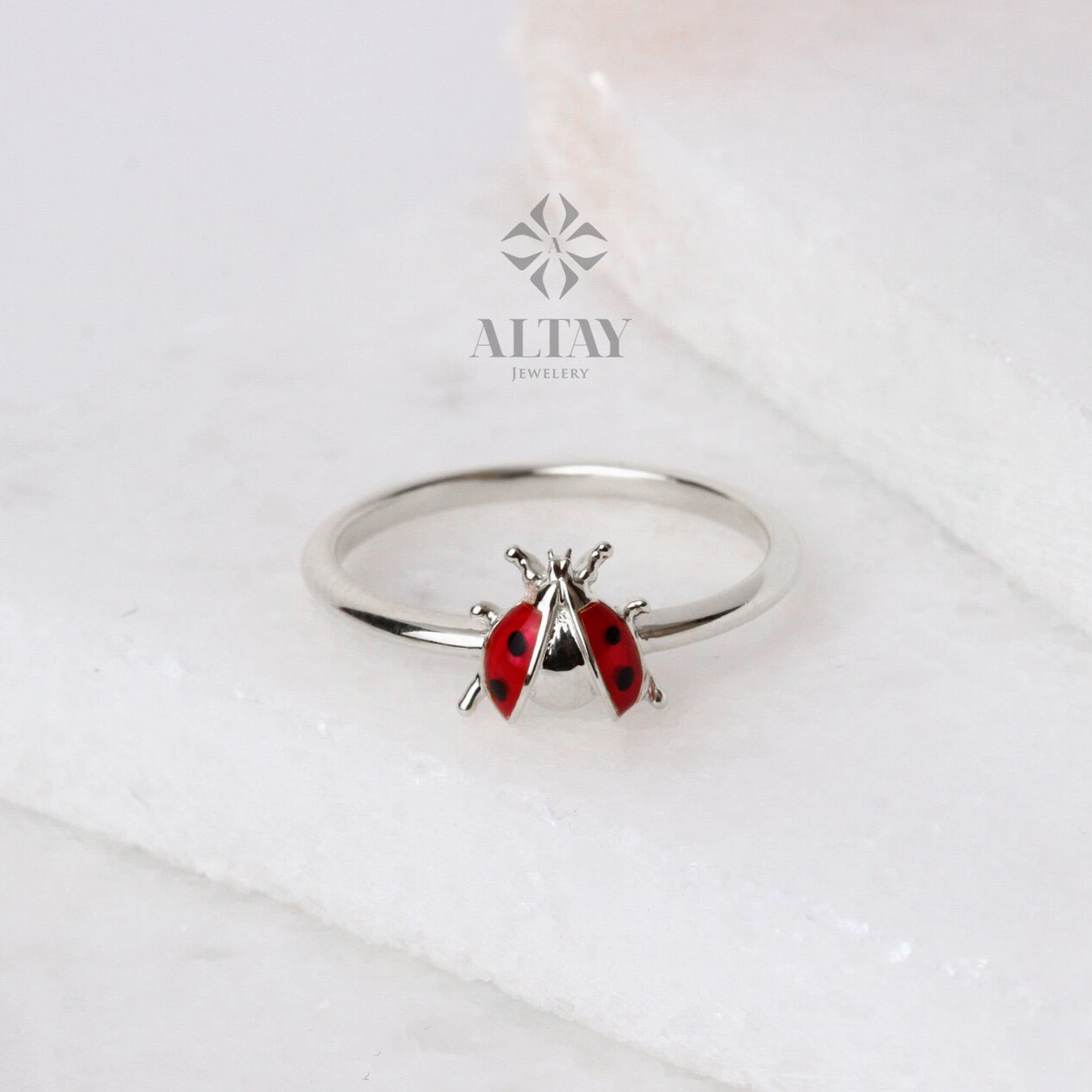 14K Gold Ladybug Ring, Ladybird Colorful Ring, Unique Animal Ring, Cute Tiny Pinky Ring, Handmade Jewelry, Good Luck Statement Ring