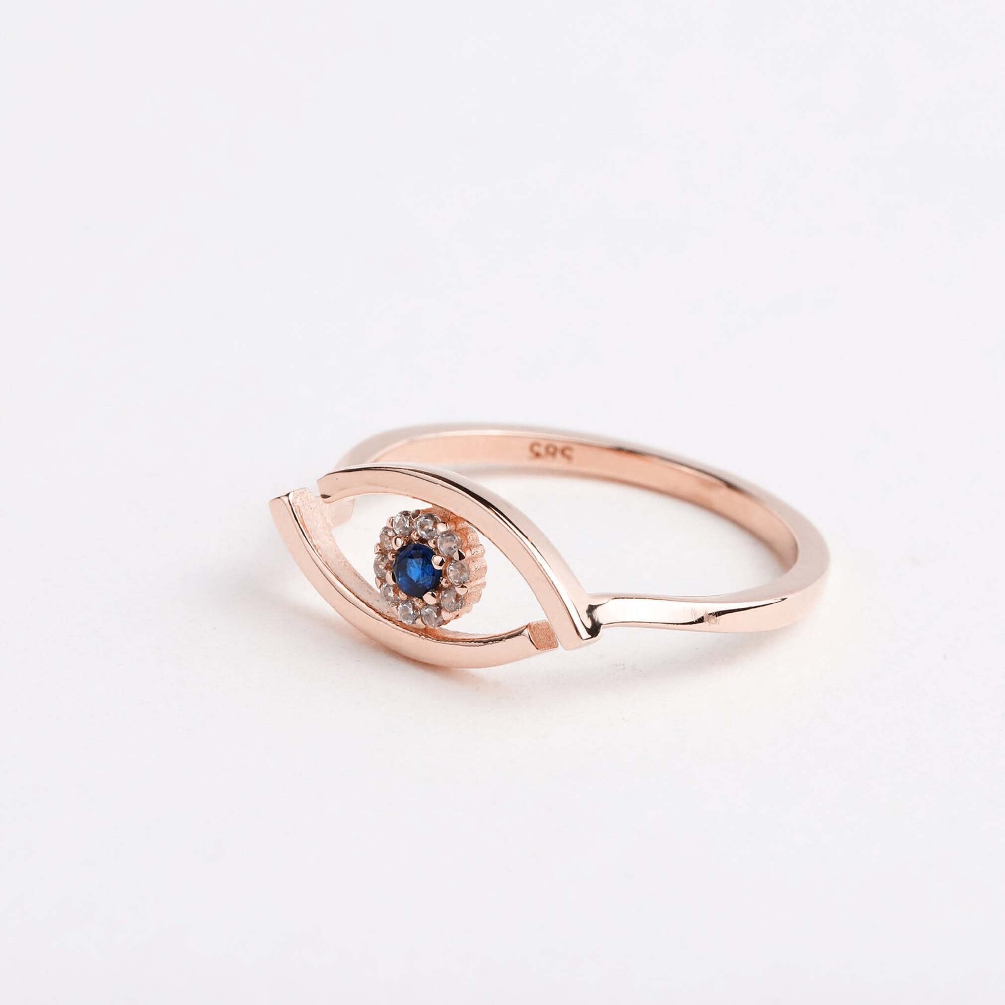 14K Gold Evil Eye Ring, Tiny Evil Eye Band Ring, Hamsa Pointer Ring, Sapphire Ring for Women, Third Eye Ring, Delicate Pinky Protection Ring