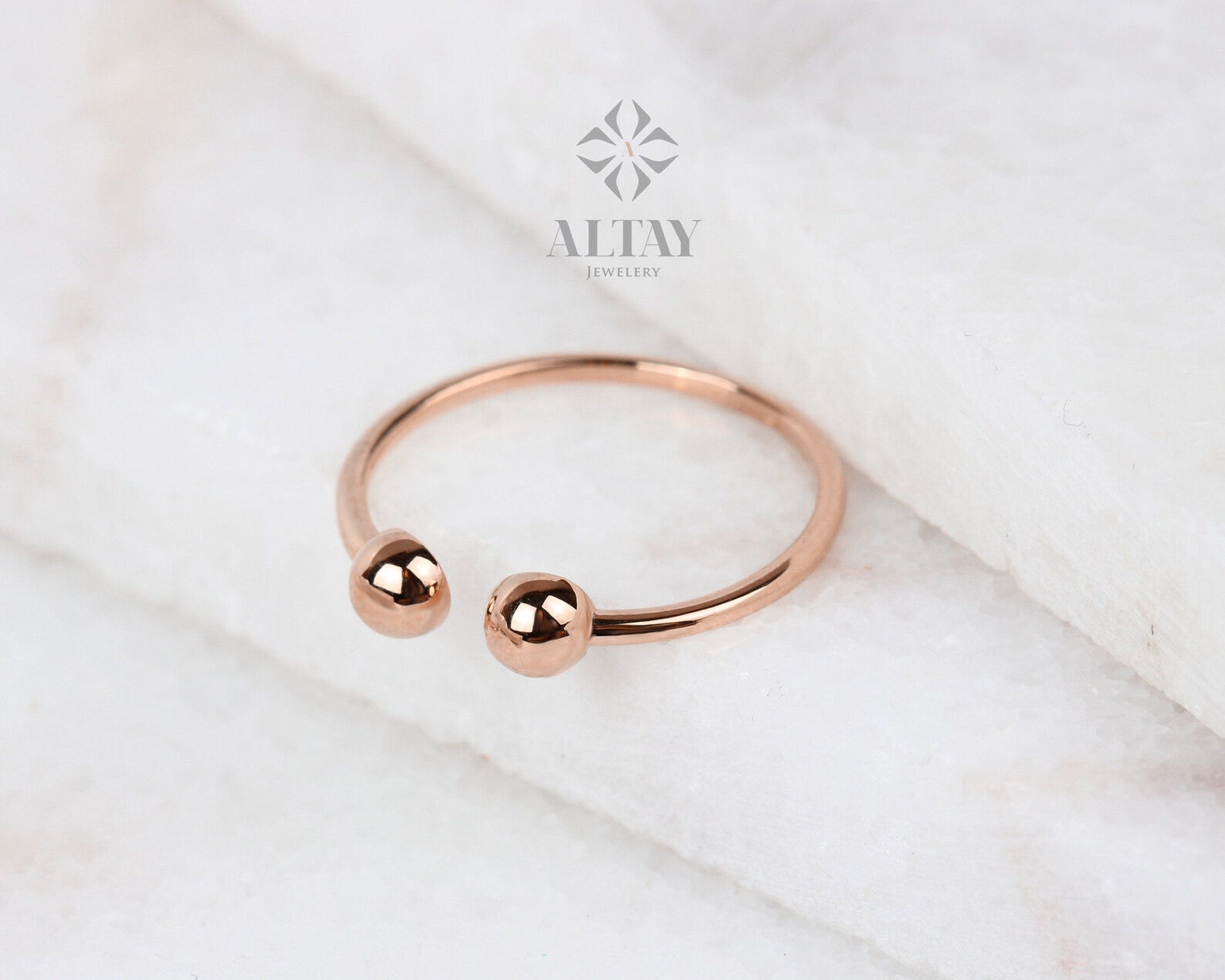 14K Gold Open Ring, Thin Stacking Cuff Ring, Adjustable Dainty Friendship Ring, Personalized Bead Ring, Minimalist Gold Ring Band