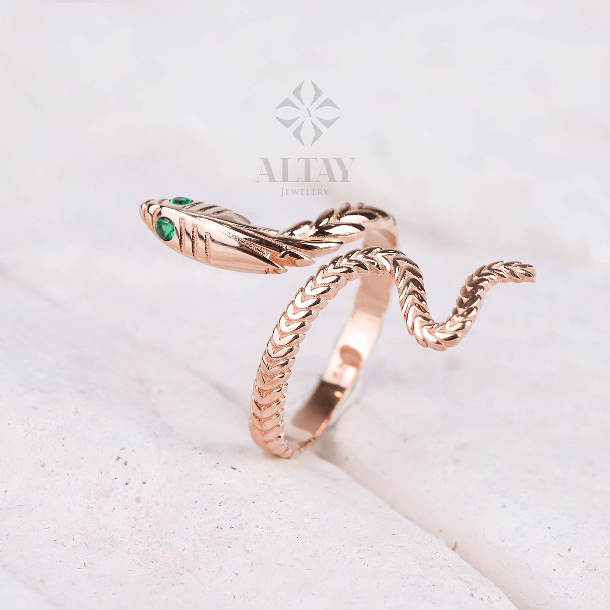 14K Gold Snake Ring, Wrap Serpent Band, Birthstone Eyes Ring, Dainty Stacking Animal Rings, Open Band Gemstone Custom Ring, Anniversary Ring