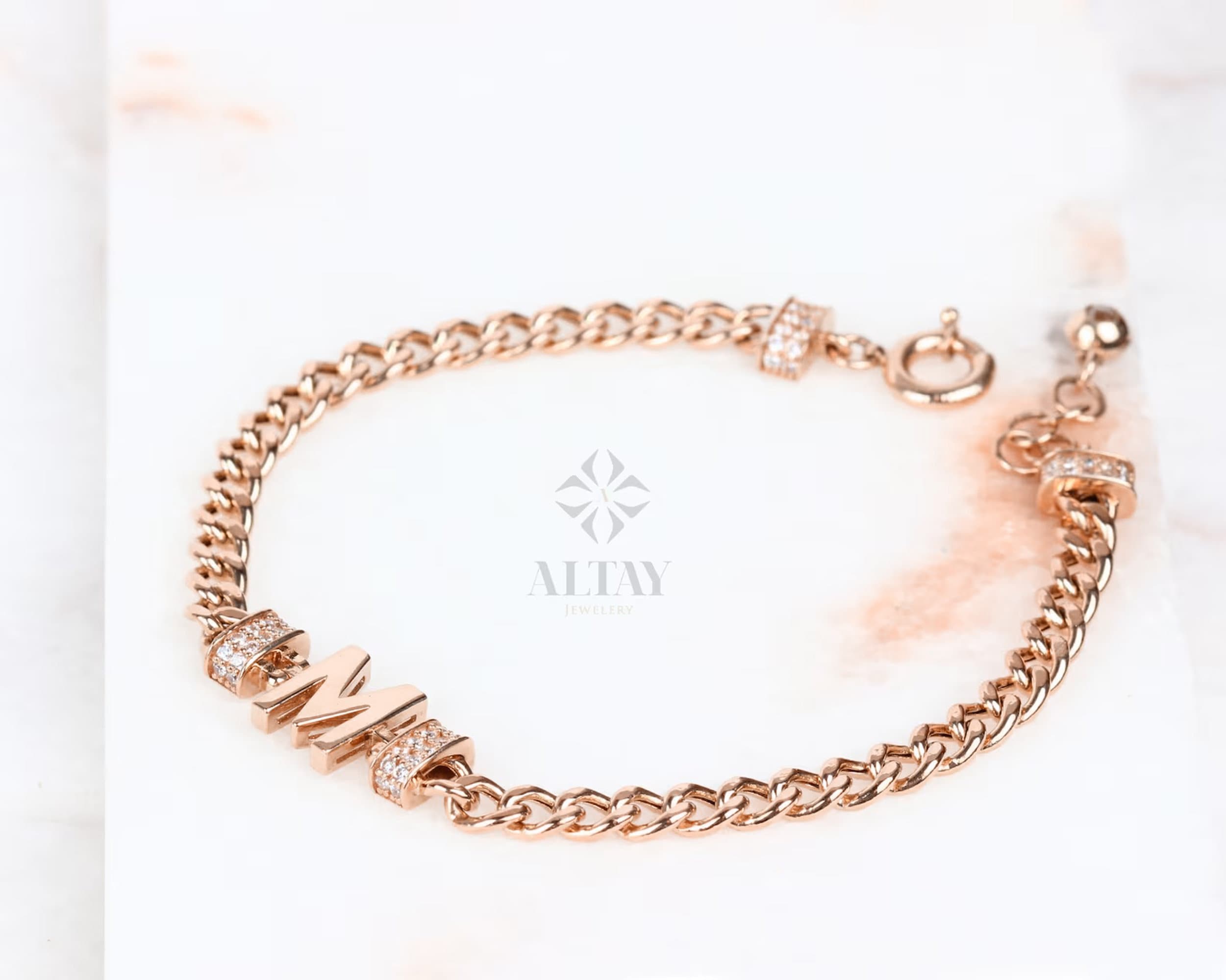 14K Gold Cuban Link Initial Bracelet, 5mm Curb Letter Chain