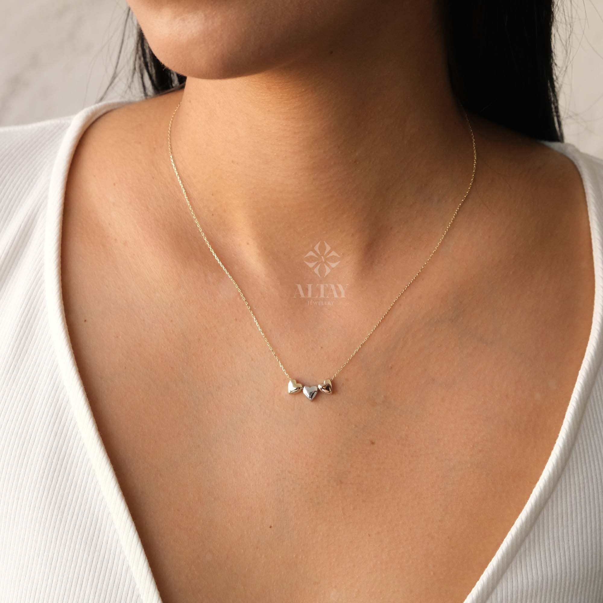 14K Gold Three Heart Necklace, Heart Love Pendant, Tricolor Gold Triple Heart Charm Pendant, Floating Hearts Necklace, All My Heart