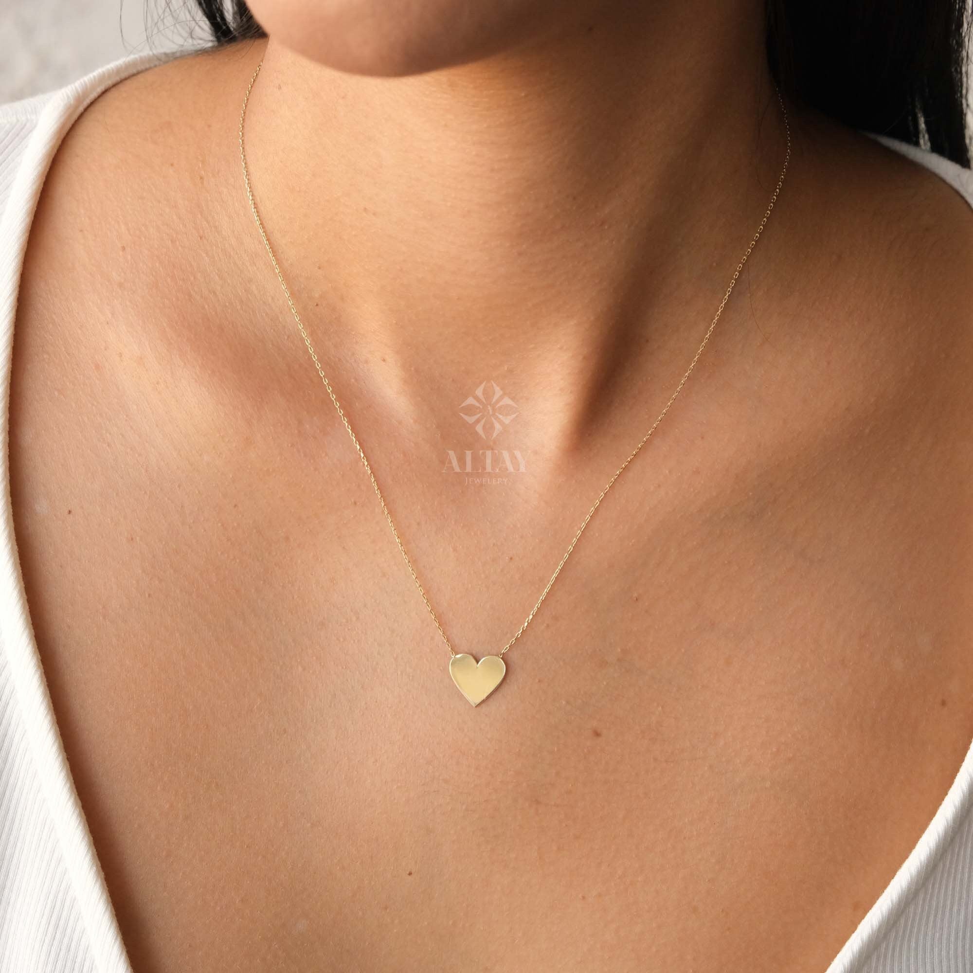 14K Gold Heart Necklace, Custom Heart Necklace, Personalized Gold Necklace, Heart Charm Pendant, Gold Love Necklace, Engrevable Necklace