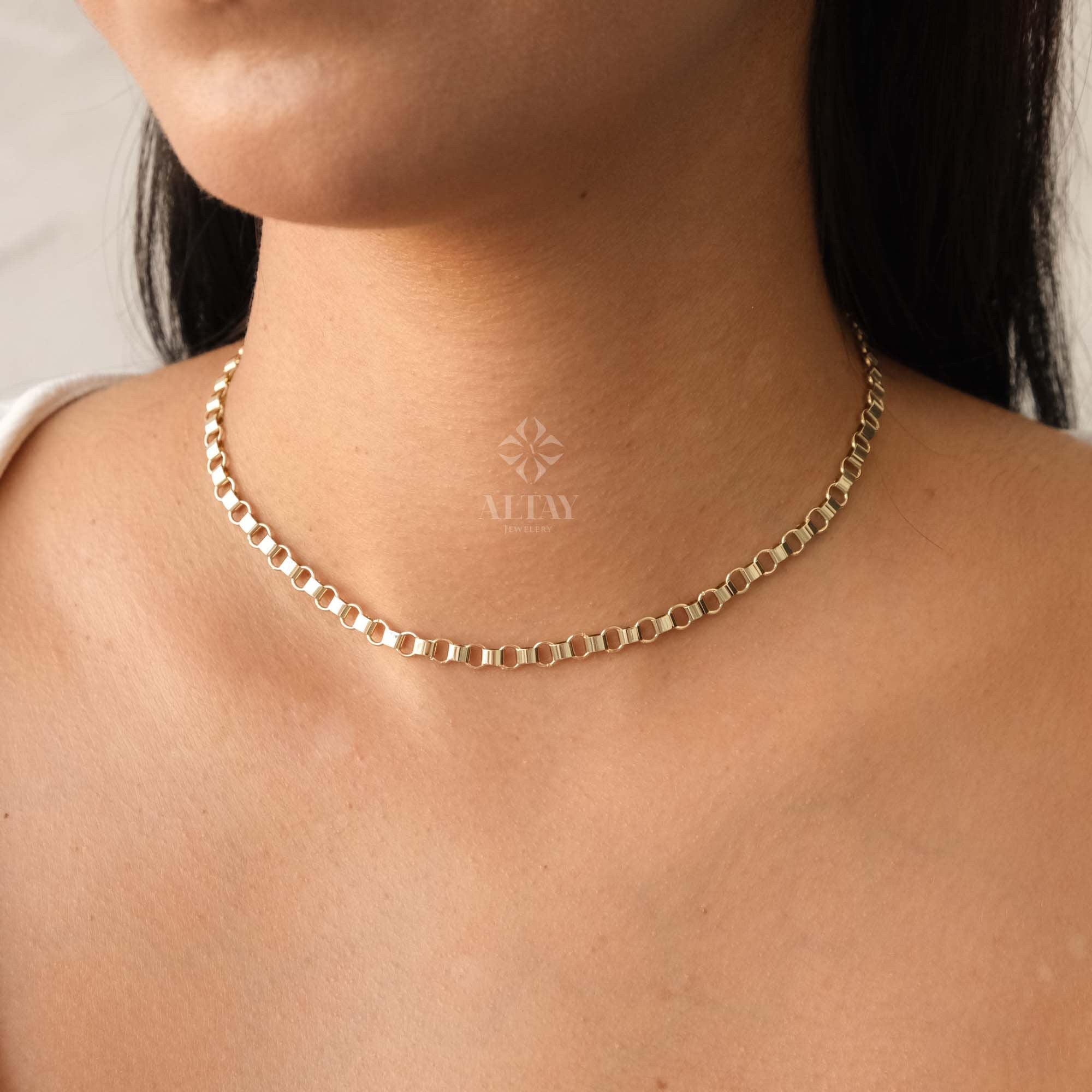 14K Gold Rolo Chain Necklace, 5mm Gold Link Belcher Chain Choker, Belt Link Charm Necklace, Minimal Delicate Round Necklace, Woman, Men