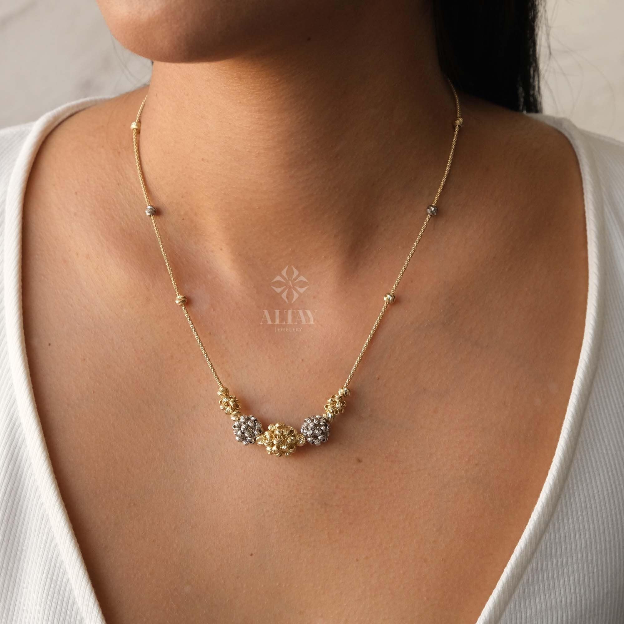 14K Gold Satellite Flower Necklace, Two Tone Ball Chain Necklace, Dainty Beaded Floral Station Necklace, Layering Gold Chain Choker