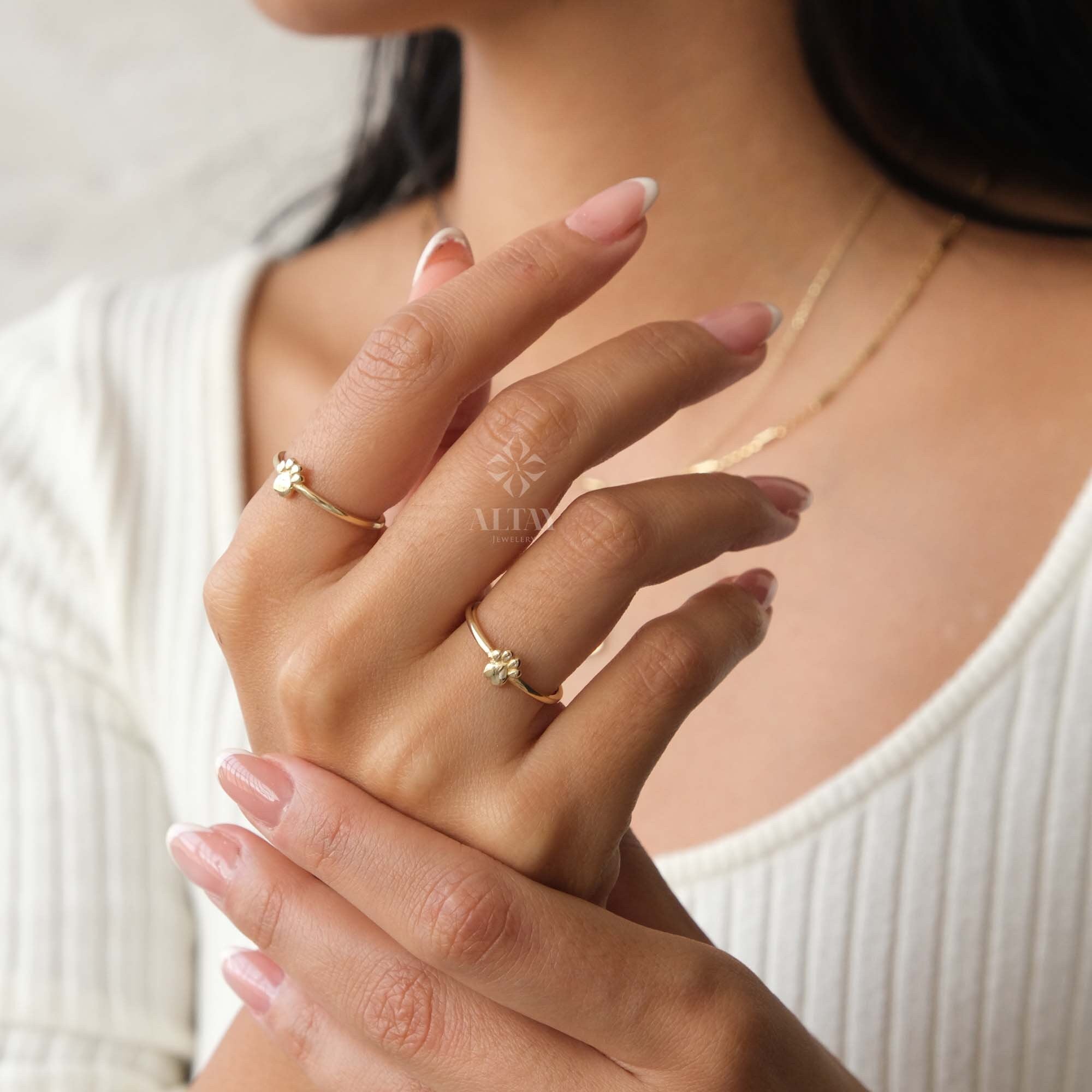 14K Gold Paw Print Ring, Puppy Paw Ring, Small Dog Cat Lover Charm Ring, Engraved Initial Stacking Band Ring, Personalized Memorial Gift