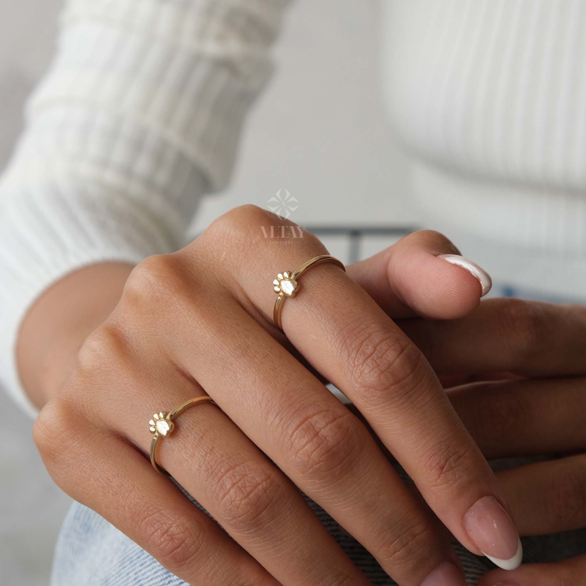 14K Gold Paw Print Ring, Puppy Paw Ring, Small Dog Cat Lover Charm Ring, Engraved Initial Stacking Band Ring, Personalized Memorial Gift