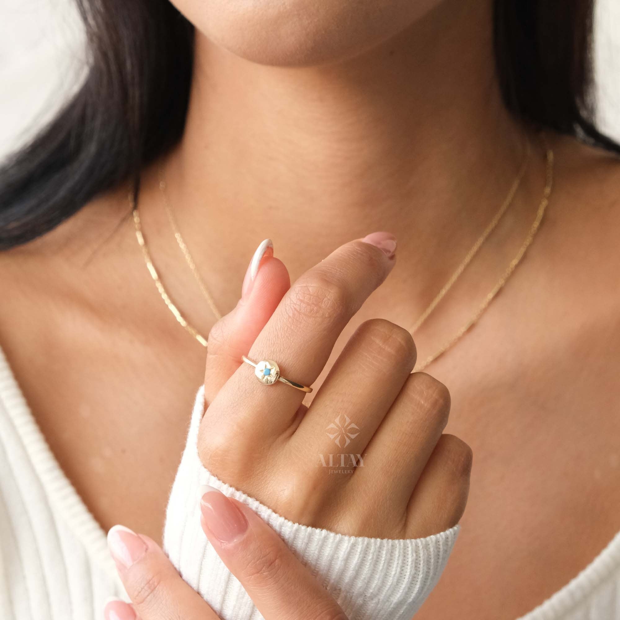 14K Gold Star Ring, Tiny Pinky Star Ring, Turquoise Polar Star Band, Round North Star Ring, Celestial Dainty Ring, Minimalist Matching Ring