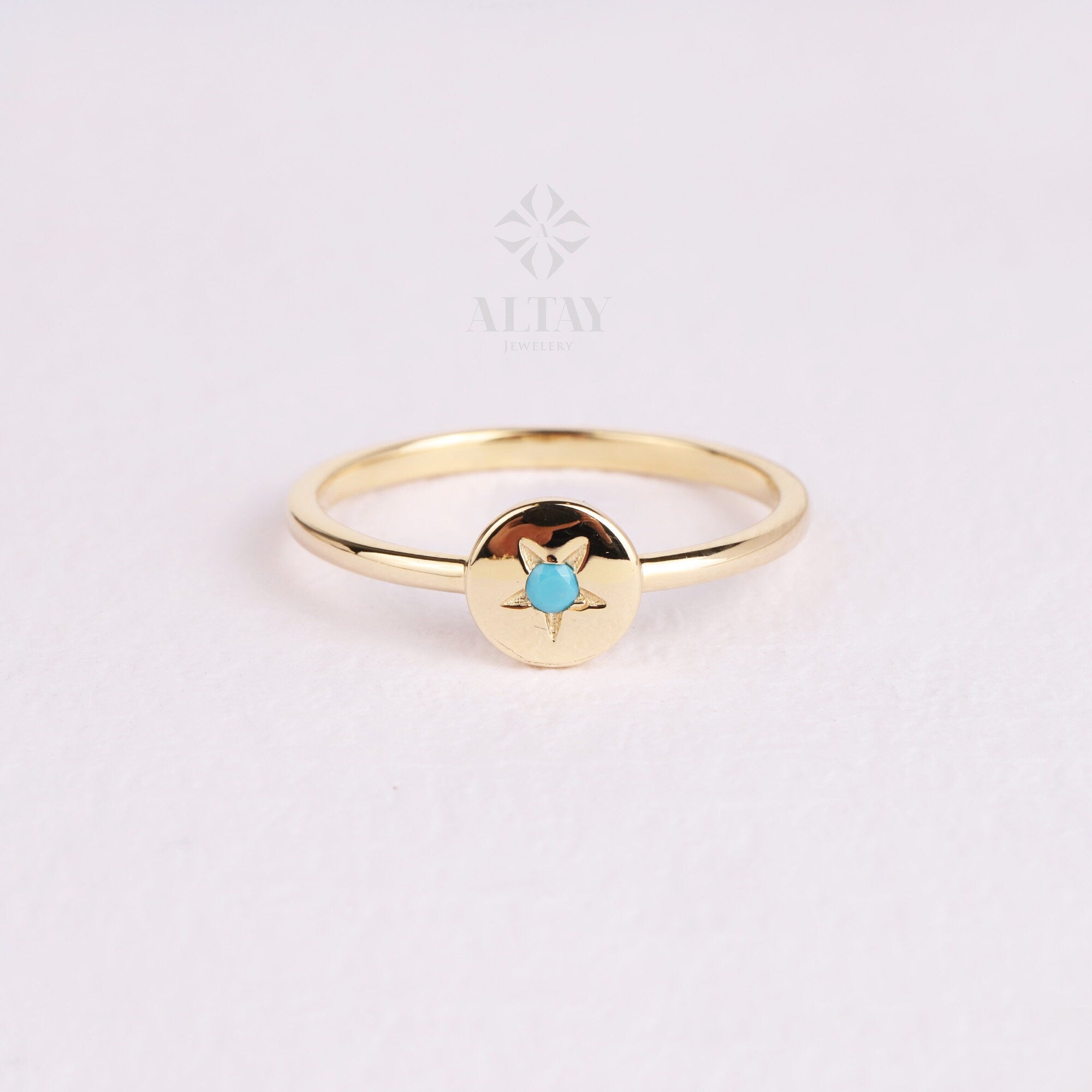 14K Gold North Star Ring, Turquoise Polar Star Band, Round Turquoise Star Ring, Astrology Starburst Ring, Luck Star, Celestial Pinky Ring