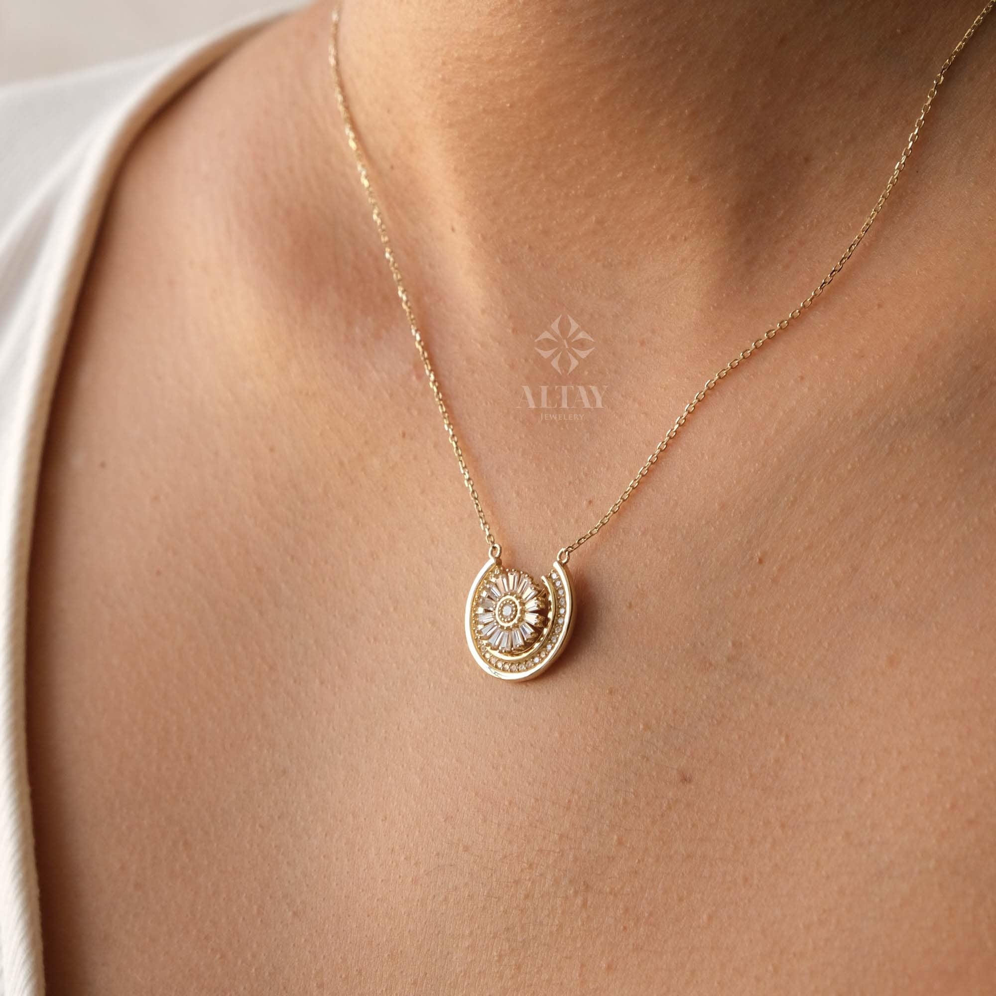 14K Gold Sunburst Necklace, Spikey Gold Sun Pendant, Celestial Layering Choker, Crescent Necklace, Semicircle Dainty Charm, Gift For Her