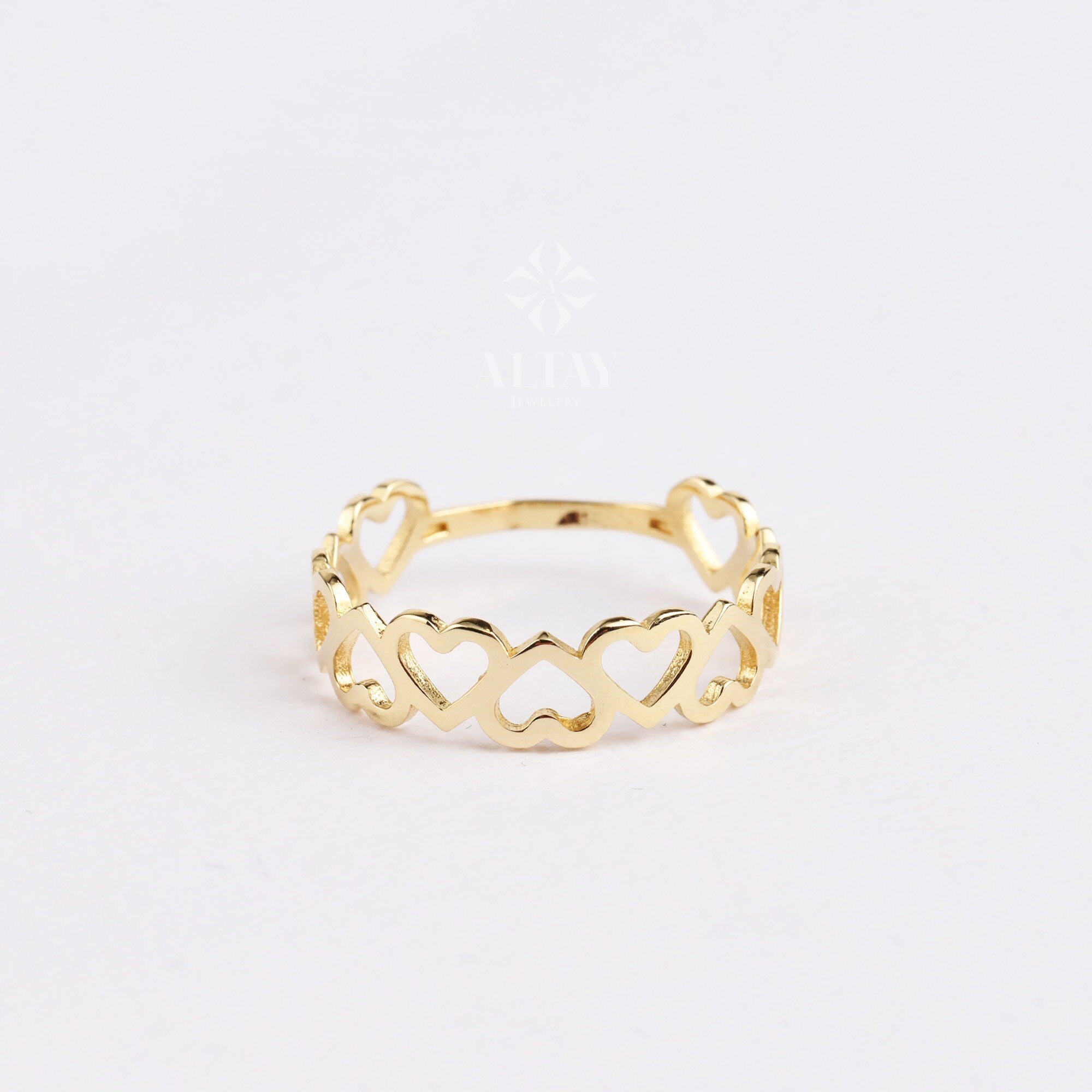 14K Gold Open Heart Ring, Multi Heart Love Ring, Half Eternity Heart Ring, Dainty Stacking Band Ring, Minimalist Unique Gold Ring