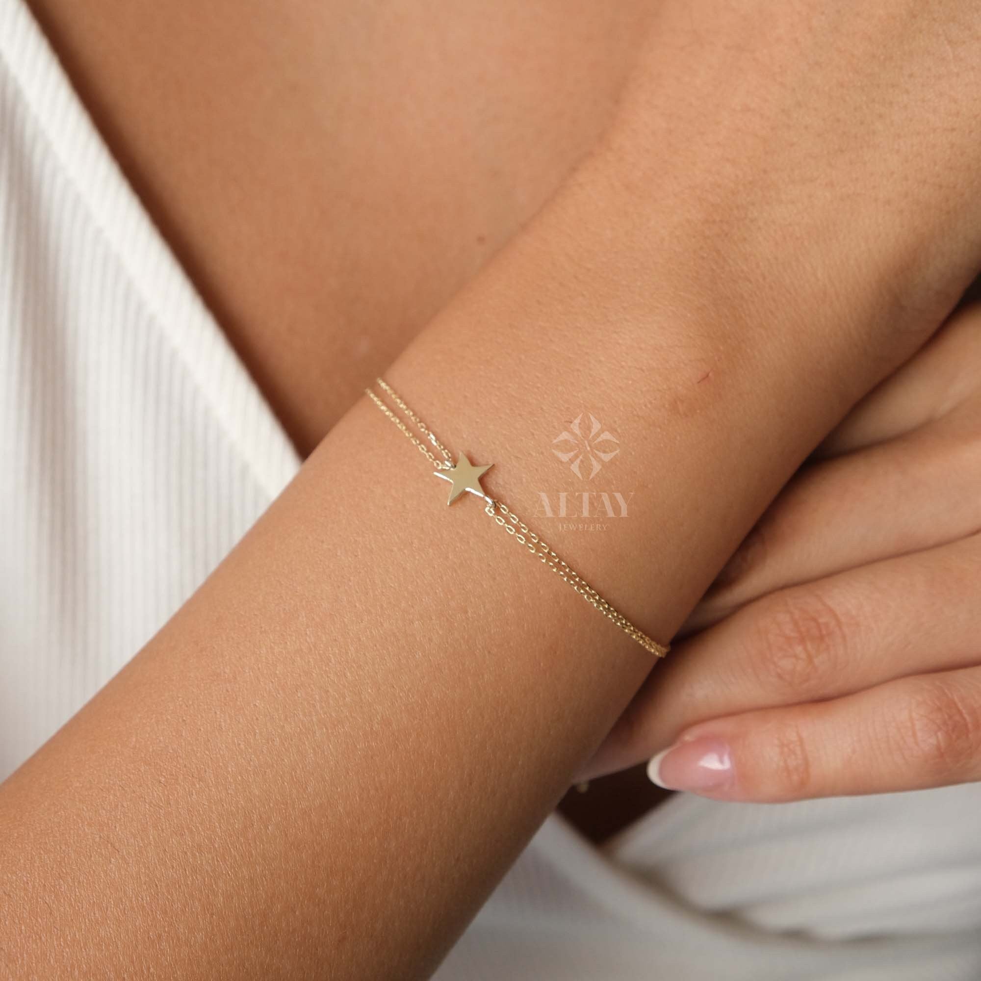 14K Gold Star Bracelet, Tiny Star Bracelet, Dainty Celestial Jewelry, Minimalist Star Charm Bracelet, Handmade Bracelet, Anniversary Gift