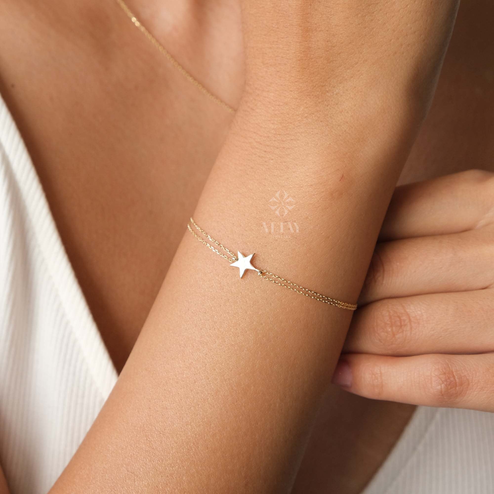 14K Gold Star Bracelet, Tiny Star Bracelet, Dainty Celestial Jewelry, Minimalist Star Charm Bracelet, Handmade Bracelet, Anniversary Gift