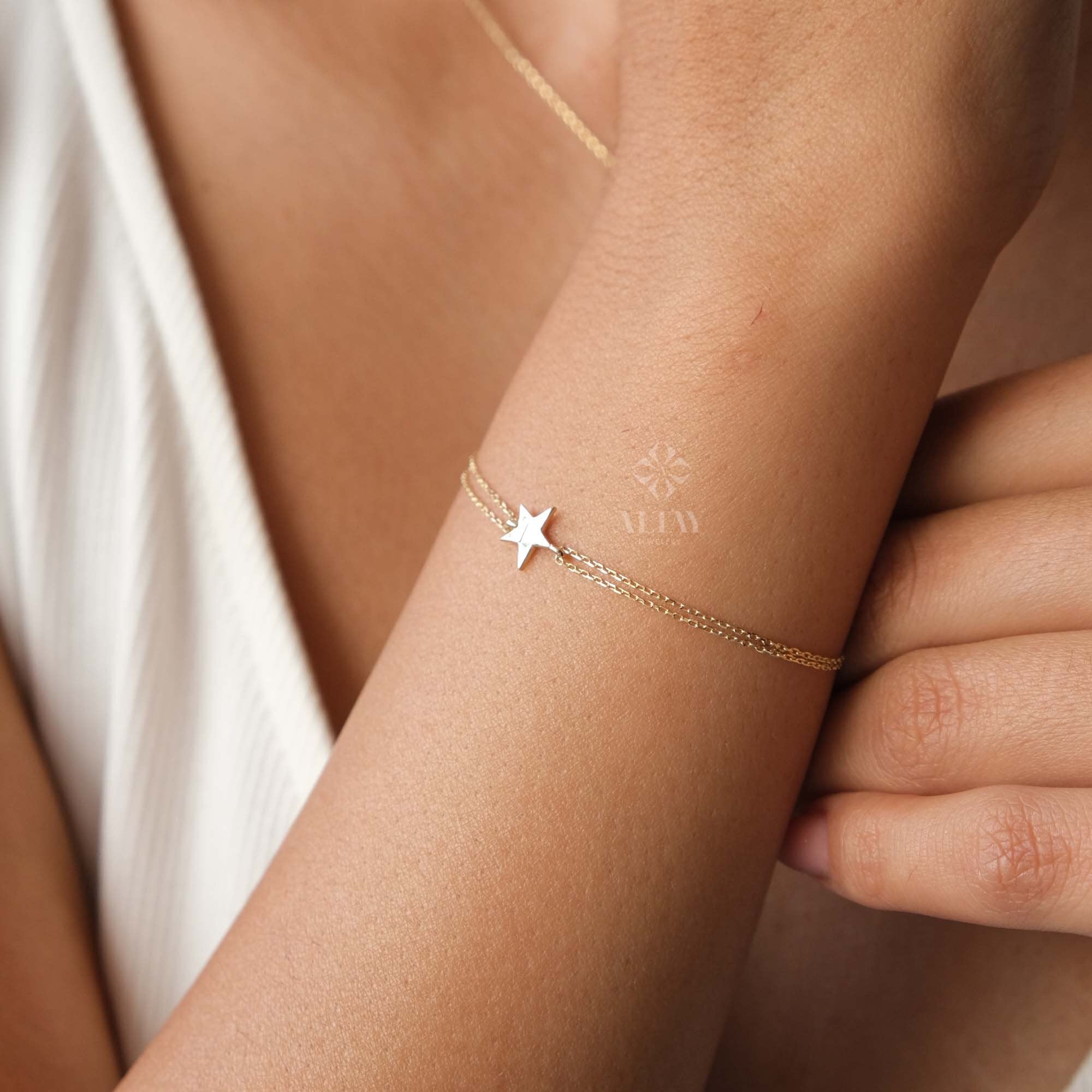 14K Gold Star Bracelet, Tiny Star Bracelet, Dainty Celestial Jewelry, Minimalist Star Charm Bracelet, Handmade Bracelet, Anniversary Gift