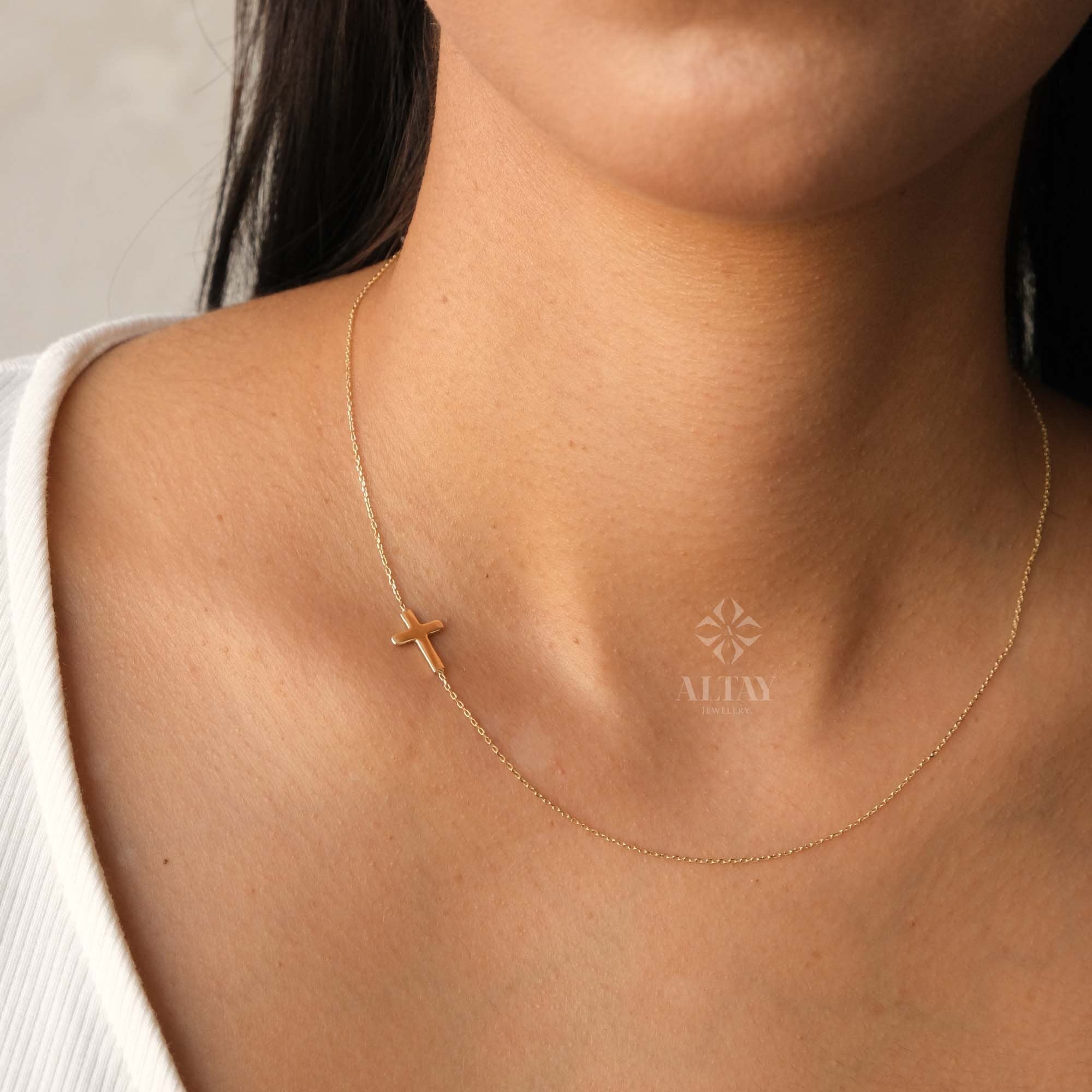 14K Gold Sideways Cross Necklace, Dainty Gold Cross Necklace, Jesus Christ Religious Jewelry, Christening Baptism Gift, Tiny Cross Charm