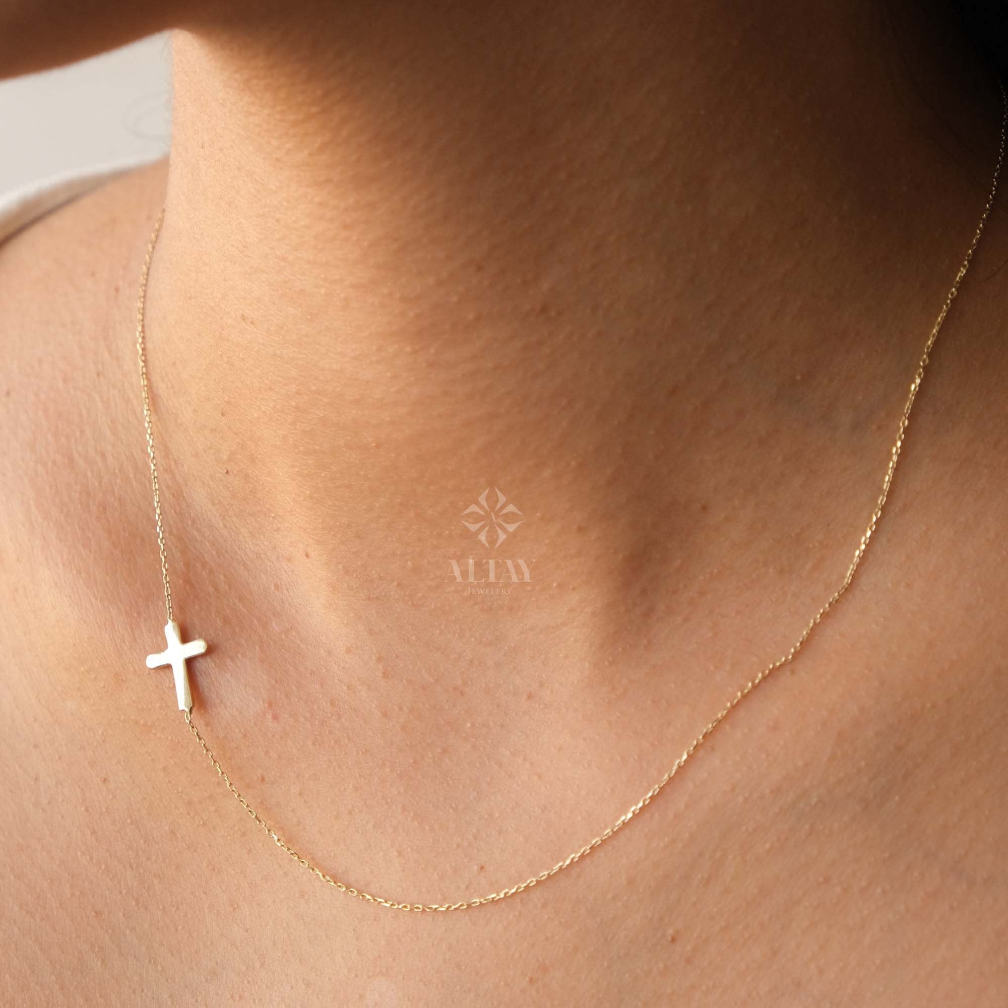 14K Gold Sideways Cross Necklace, Dainty Gold Cross Necklace, Jesus Christ Religious Jewelry, Christening Baptism Gift, Tiny Cross Charm