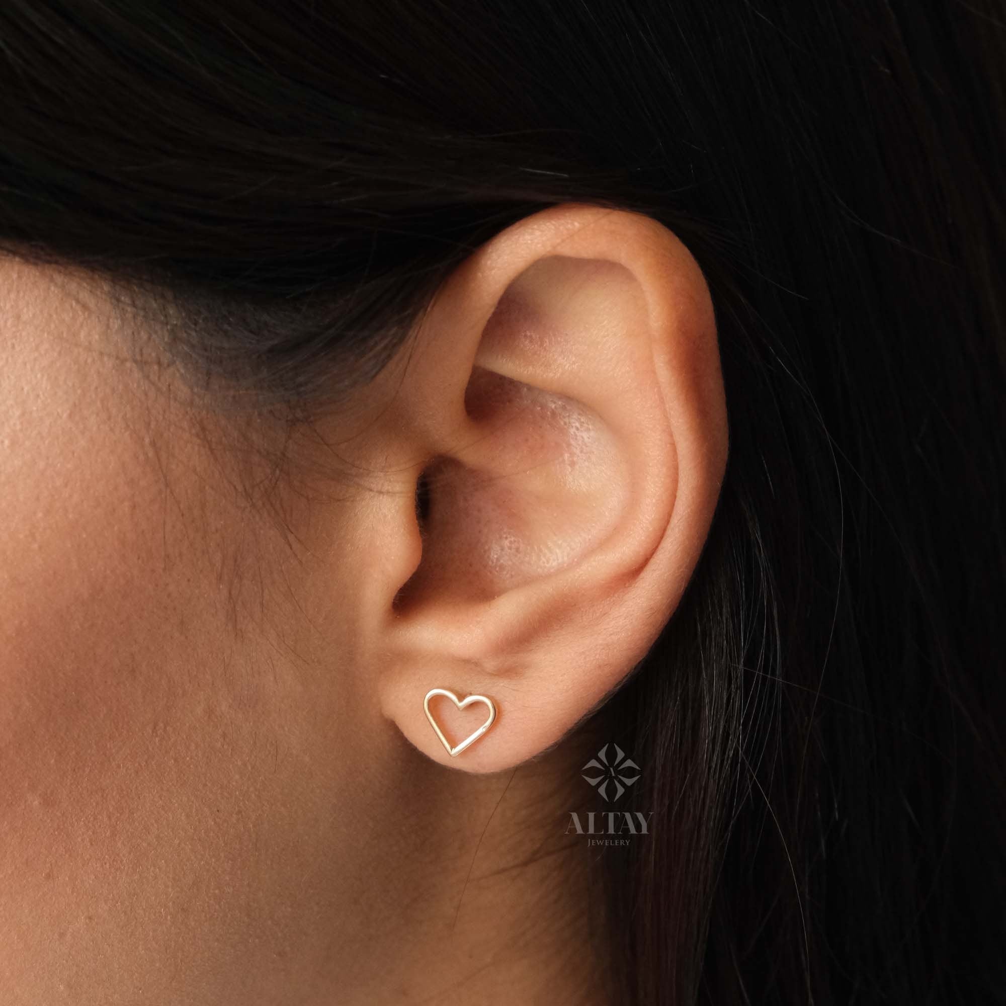 14K Gold Heart Stud Earrings, Open Heart Earrings, Mini Love Earrings Stacking Gold Earrings, Gifts for Daughter, Valentine's Gift for Her