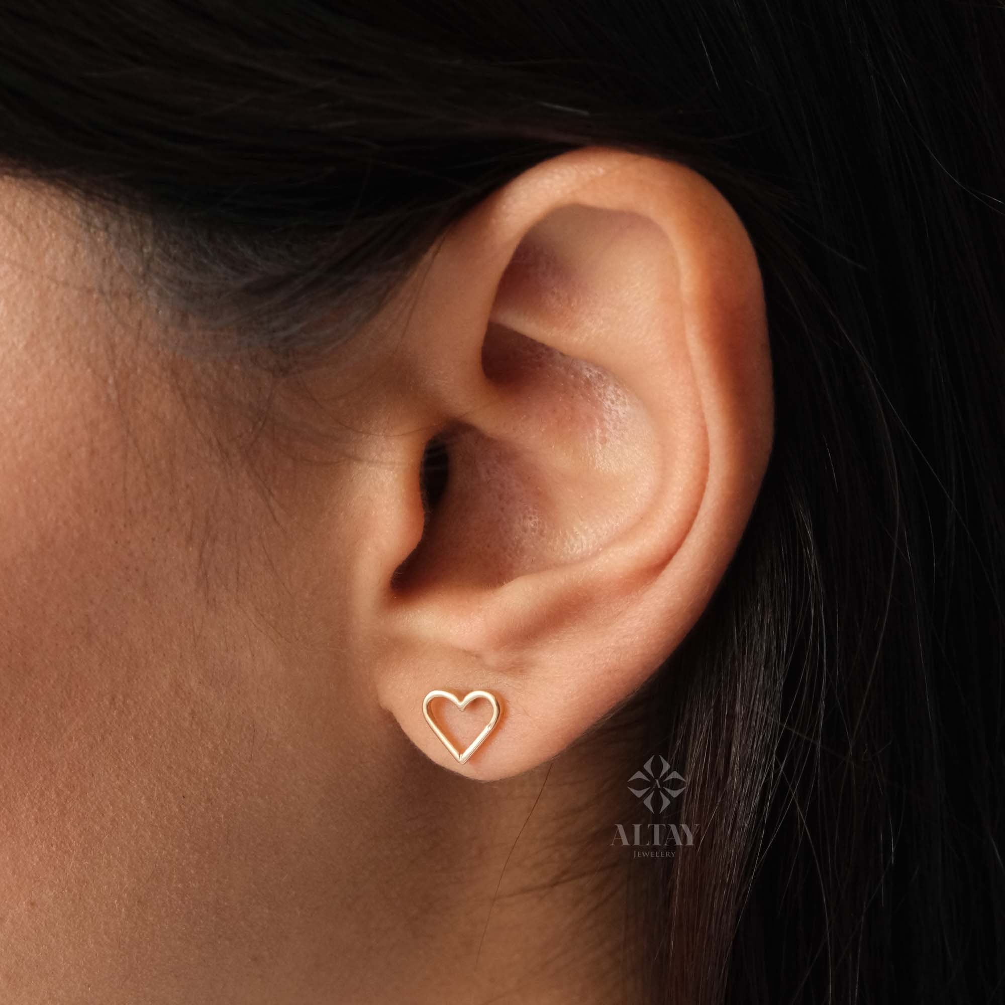 14K Gold Heart Stud Earrings, Open Heart Earrings, Mini Love Earrings Stacking Gold Earrings, Gifts for Daughter, Valentine's Gift for Her