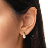 14K Gold Croissant Huggie Earrings, 12mm Ribbed Huggie Hoop Earrings