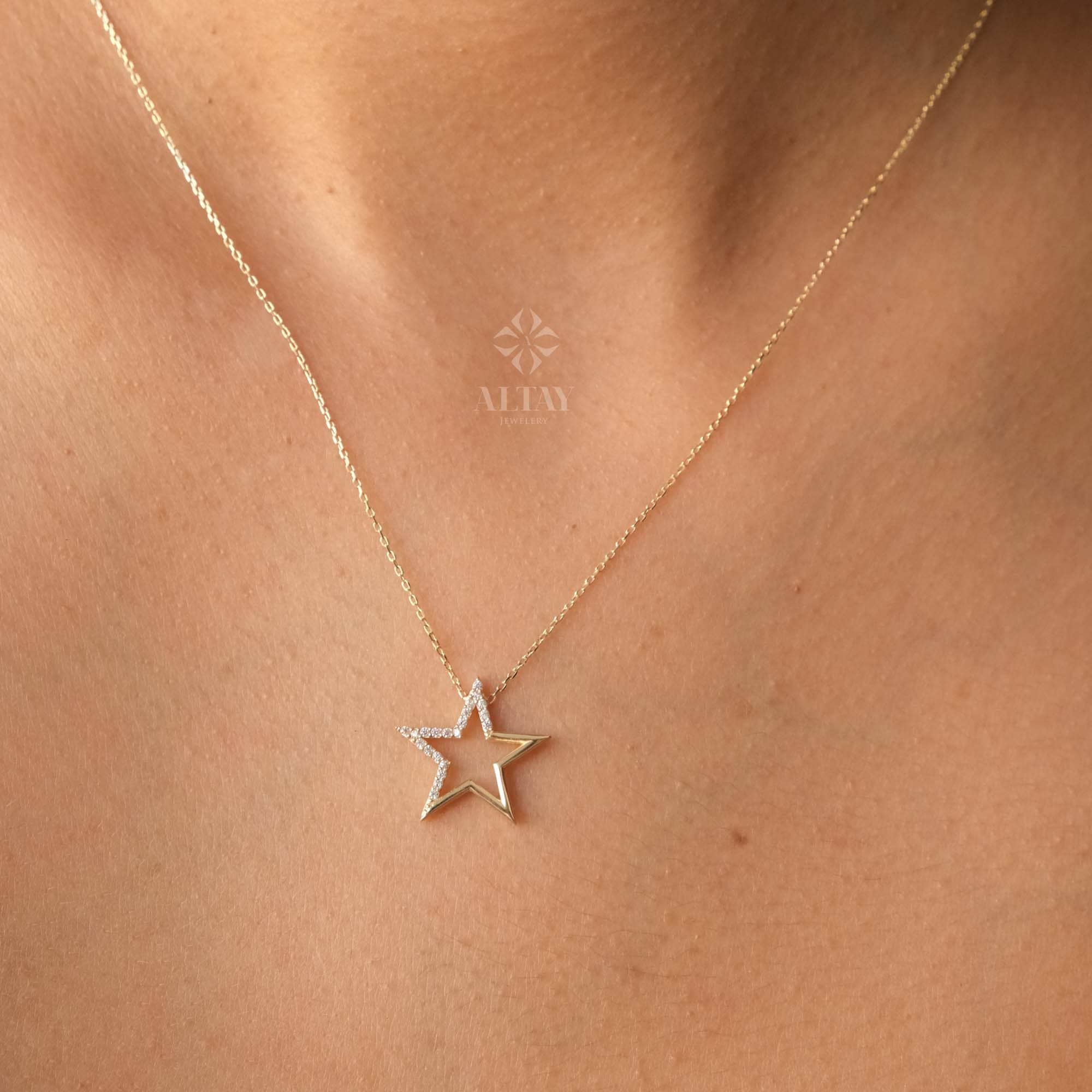 14K Gold Open Star Necklace, Small Star Pendant, Star Charm Choker, Celestial Necklace, Mini Star Necklace, Dainty Layering Necklace