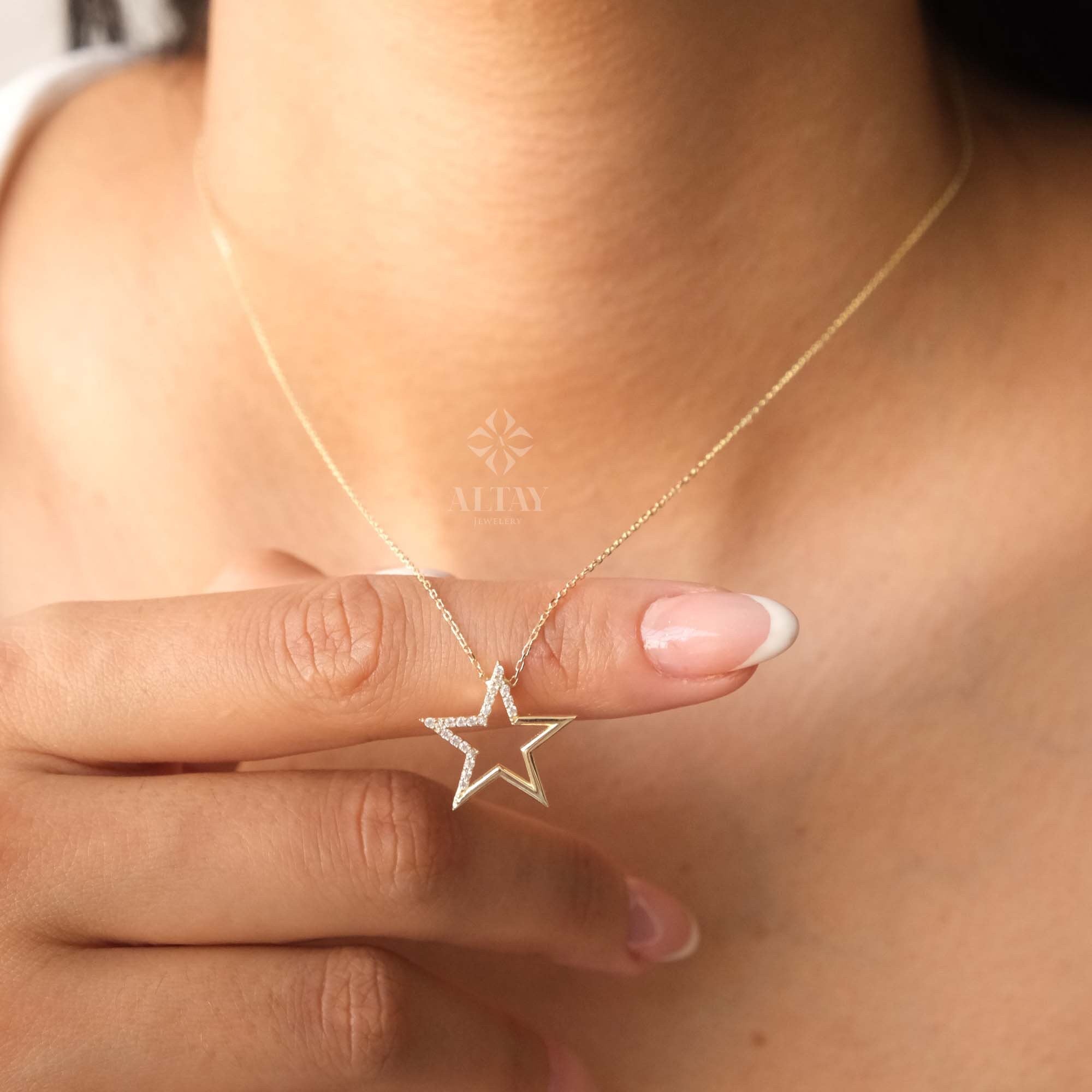 14K Gold Open Star Necklace, Small Star Pendant, Star Charm Choker, Celestial Necklace, Mini Star Necklace, Dainty Layering Necklace