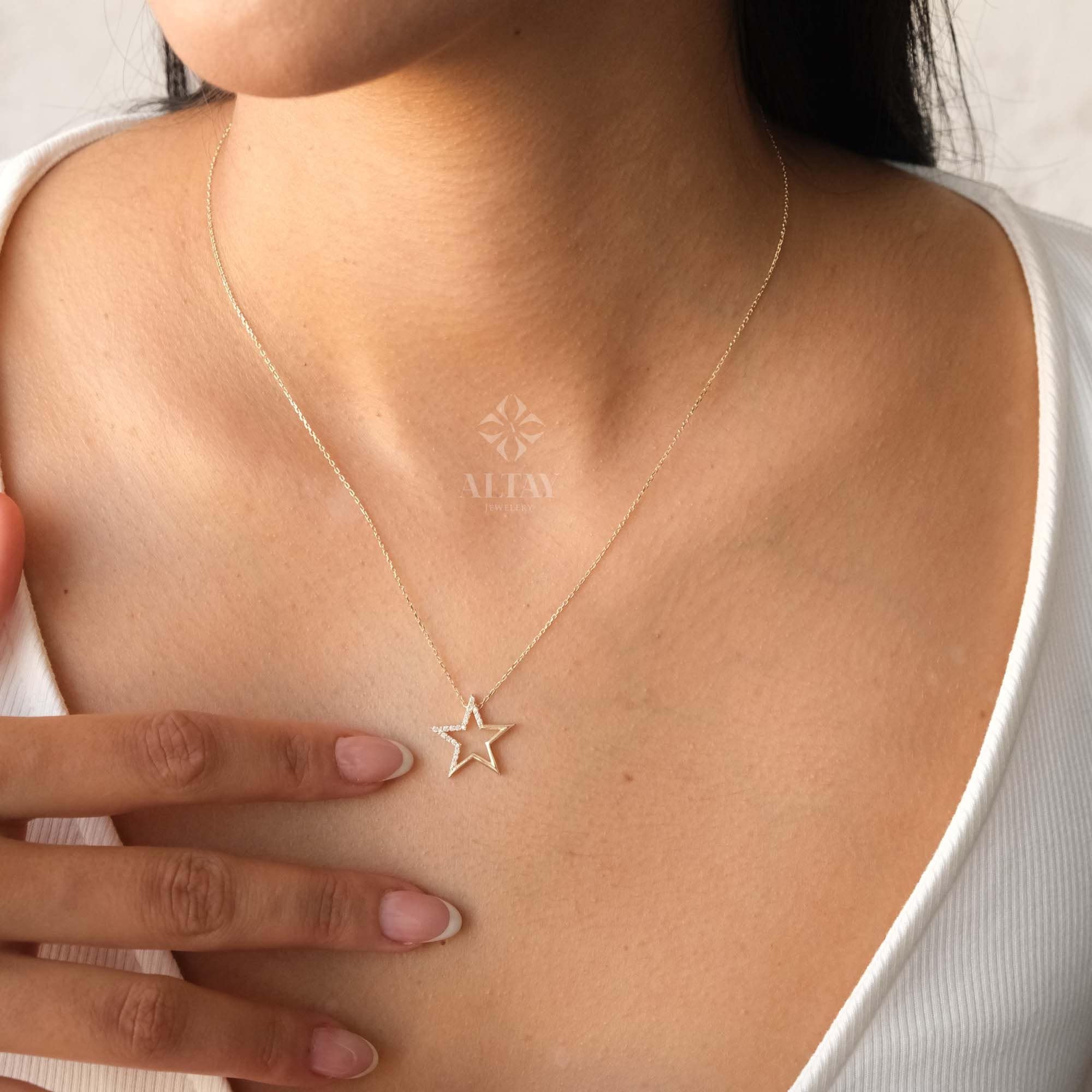 14K Gold Open Star Necklace, Small Star Pendant, Star Charm Choker, Celestial Necklace, Mini Star Necklace, Dainty Layering Necklace