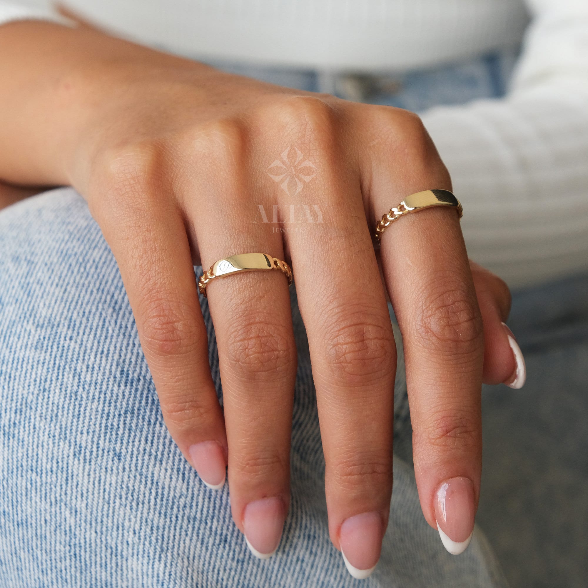 14K Gold Engraved Name Ring, Dainty Bar Ring, Cuban Link Ring, Custom Rectangle Ring, Personalized Initial Band Ring, Christmas Gift