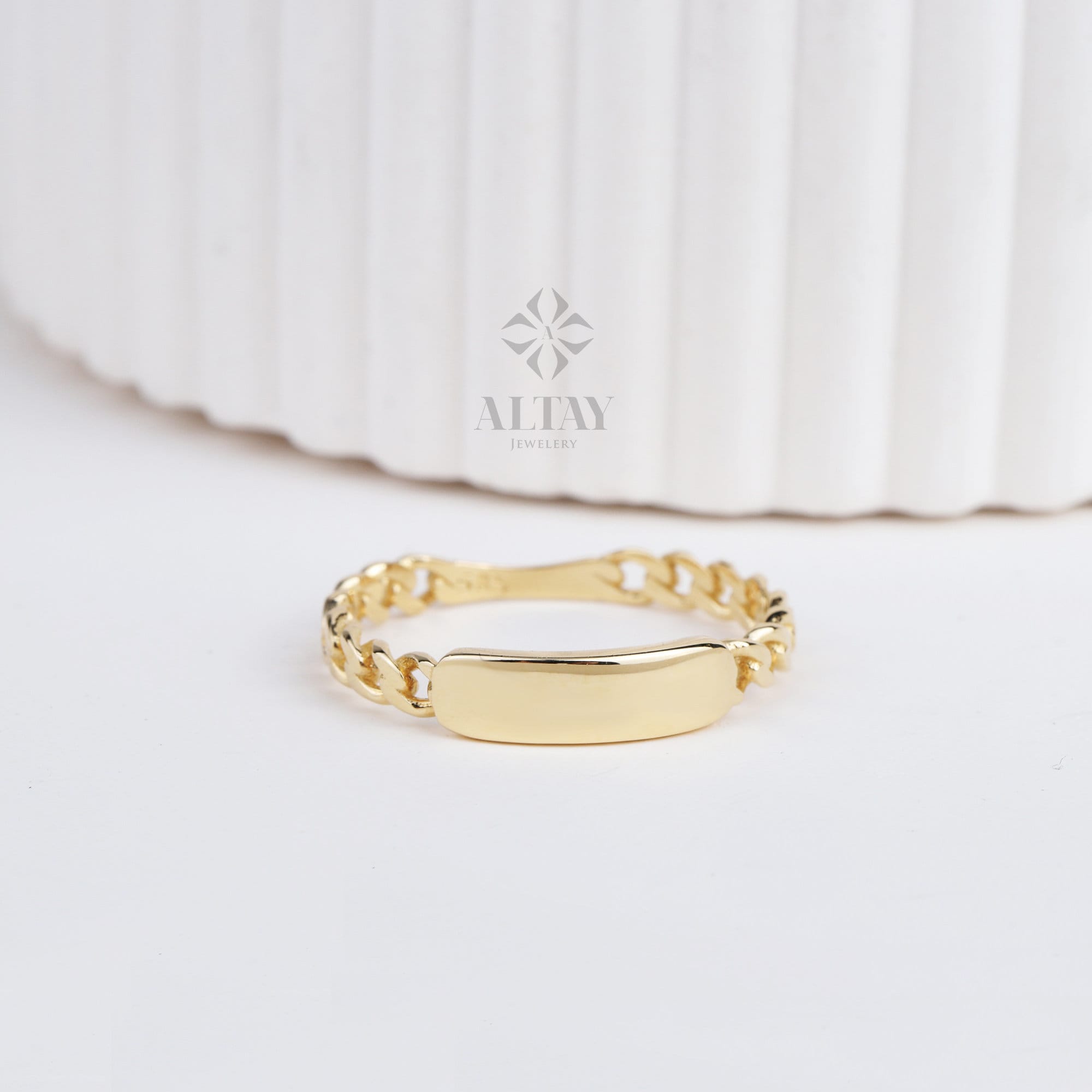 14K Gold Engraved Name Ring, Dainty Bar Ring, Cuban Link Ring, Custom Rectangle Ring, Personalized Initial Band Ring, Christmas Gift