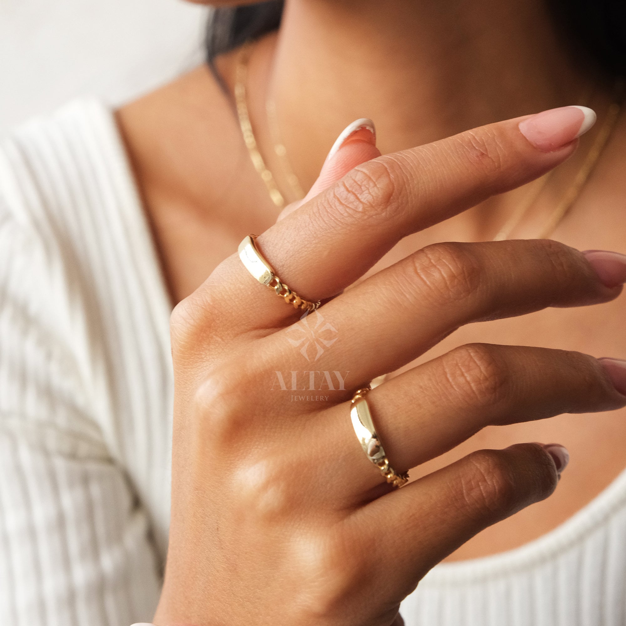 14K Gold Engraved Name Ring, Dainty Bar Ring, Cuban Link Ring, Custom Rectangle Ring, Personalized Initial Band Ring, Christmas Gift