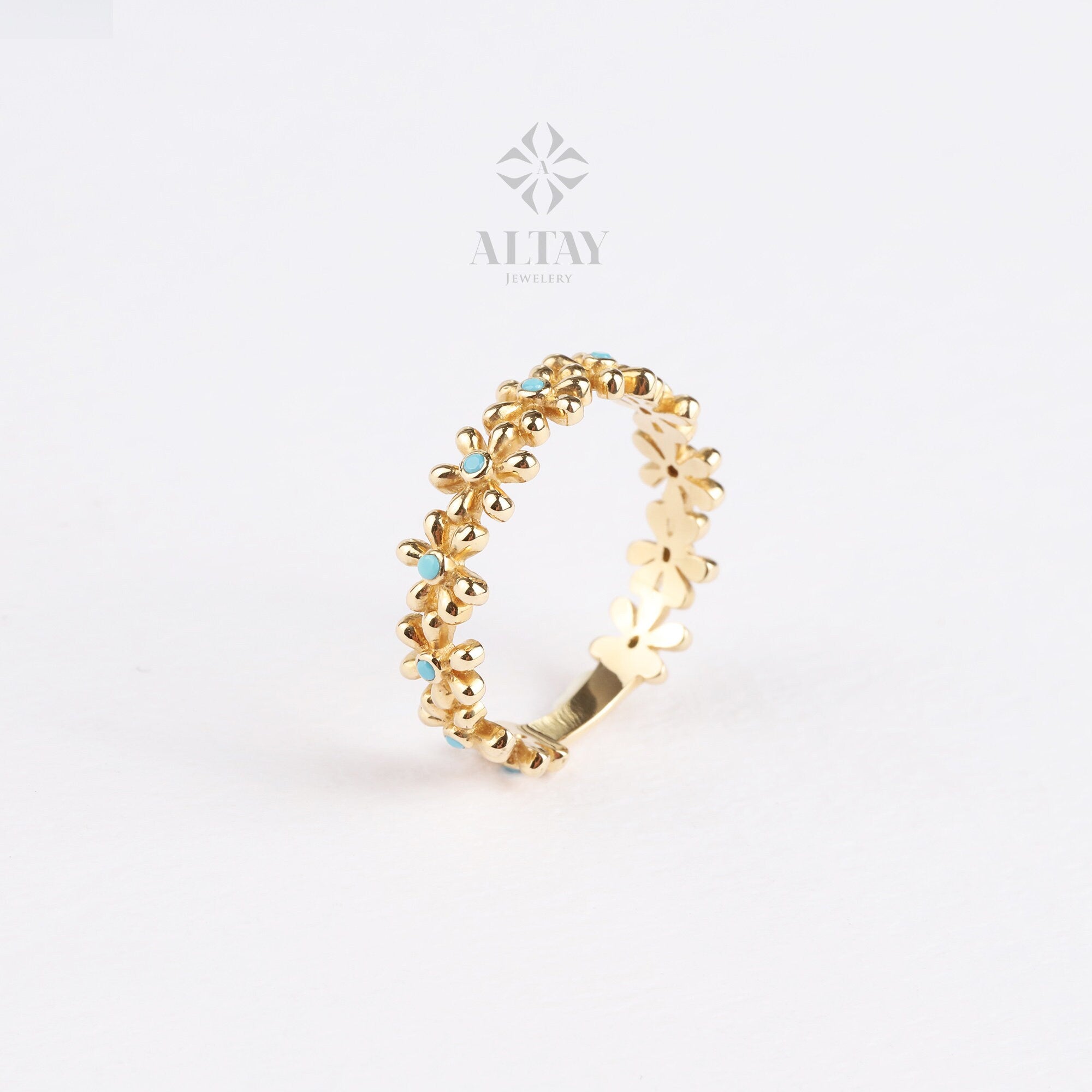 14K Gold Half Eternity Daisy Ring, Floral Wedding Band Ring, Thick Multi Daisy Ring, Minimalist Matching Stacking Ring, Turquoise Ring