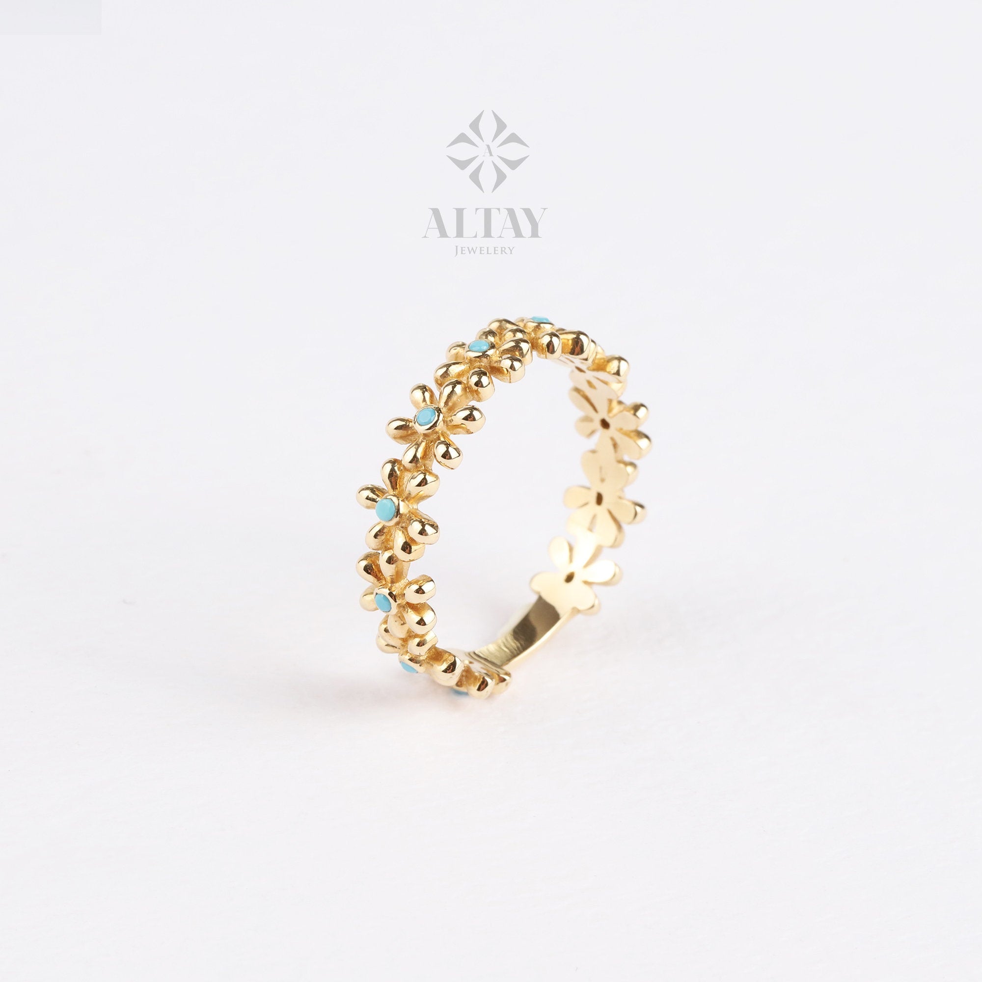 14K Gold Daisy Ring, Flower Wedding Band, Half Eternity Stackable Ring, Thick Multi Daisy Band Ring, Dainty Matching Ring, Turquoise Ring