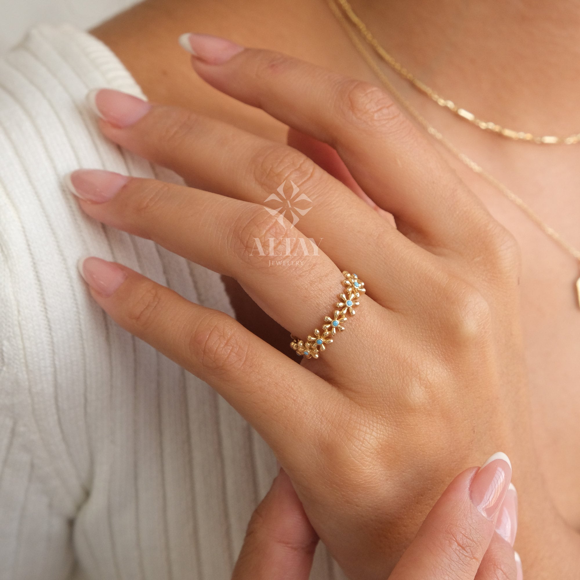 14K Gold Daisy Ring, Flower Wedding Band, Half Eternity Stackable Ring, Thick Multi Daisy Band Ring, Dainty Matching Ring, Turquoise Ring