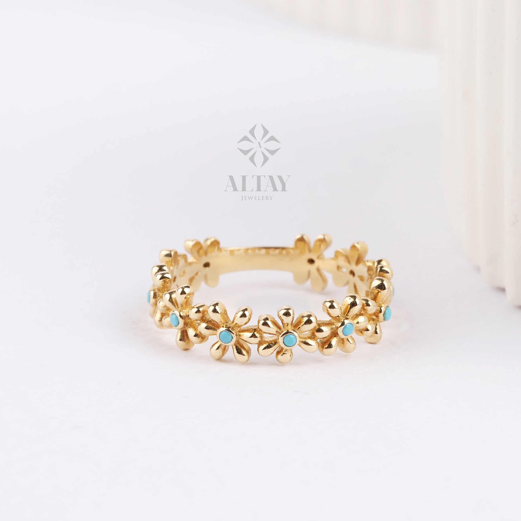 14K Gold Half Eternity Daisy Ring, Floral Wedding Band Ring, Thick Multi Daisy Ring, Minimalist Matching Stacking Ring, Turquoise Ring