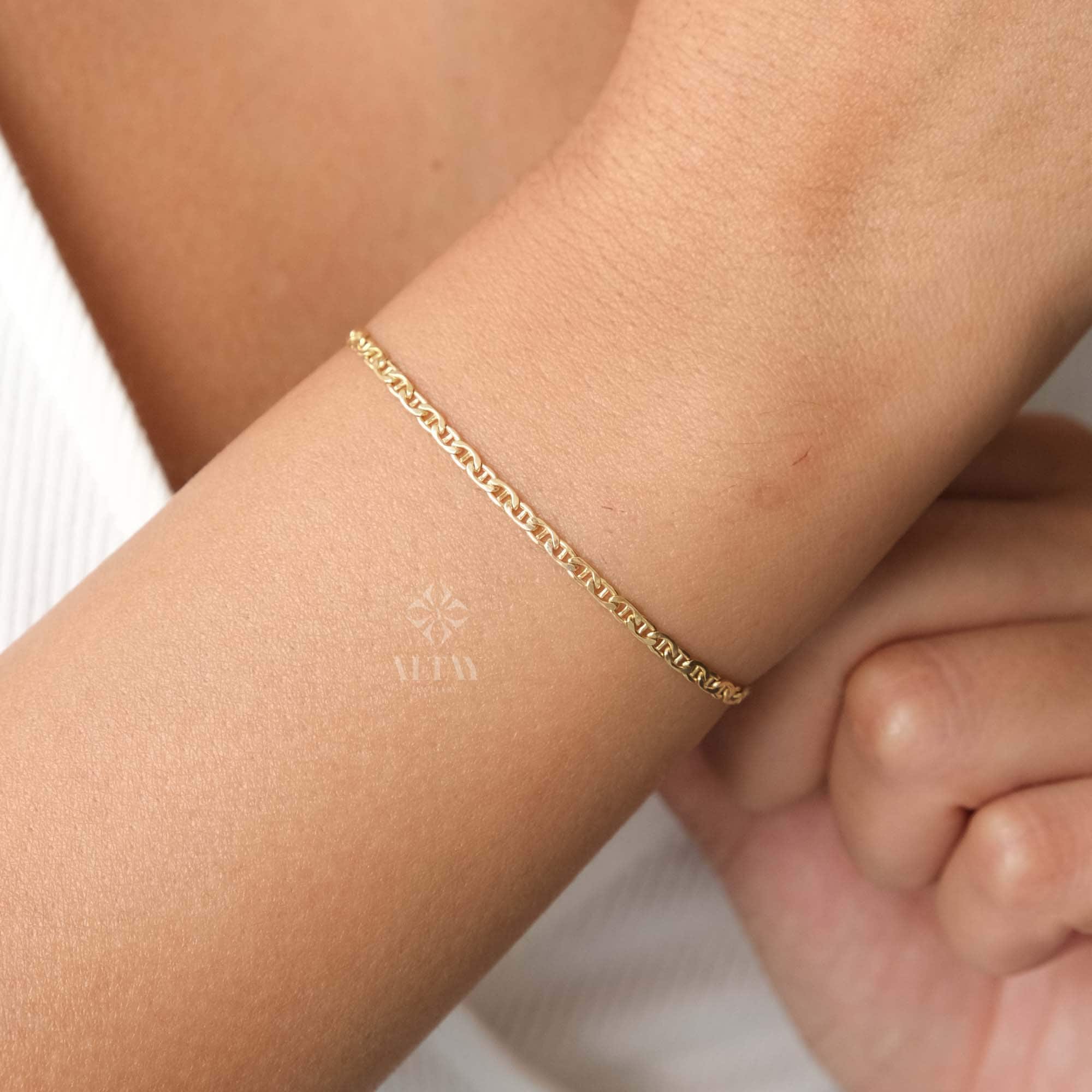 14K Gold Mariner Chain Bracelet, 2mm Anchor Link Bracelet, Flat Mariner Link, Minimalist Stacking Gold Bracelet for Women