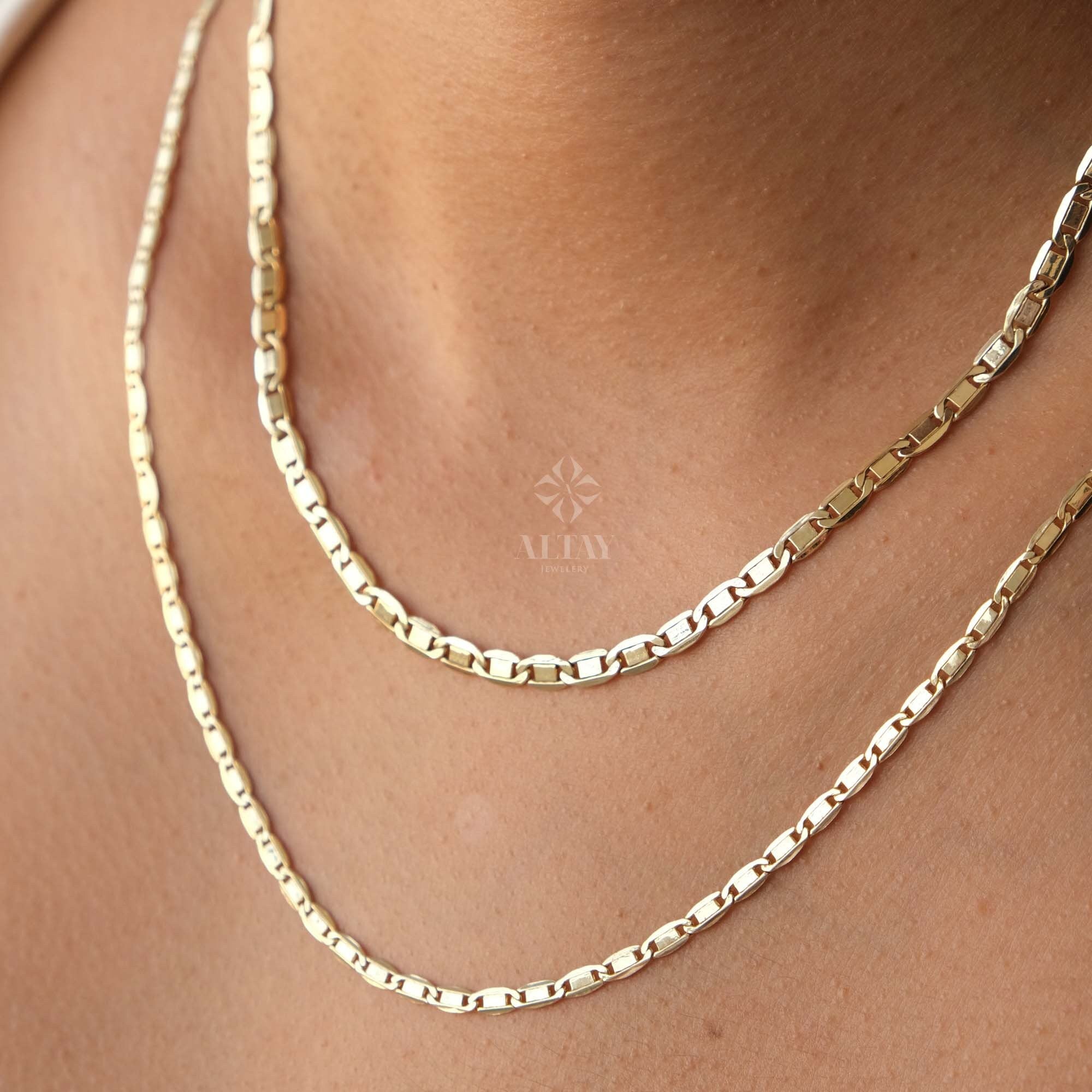 14K Gold Figaro Chain Necklace, 2.5mm 4mm Light Tone Mariner Choker, Layering Chain Necklace, Flat Mariner Anchor Necklace, Men Women Chain